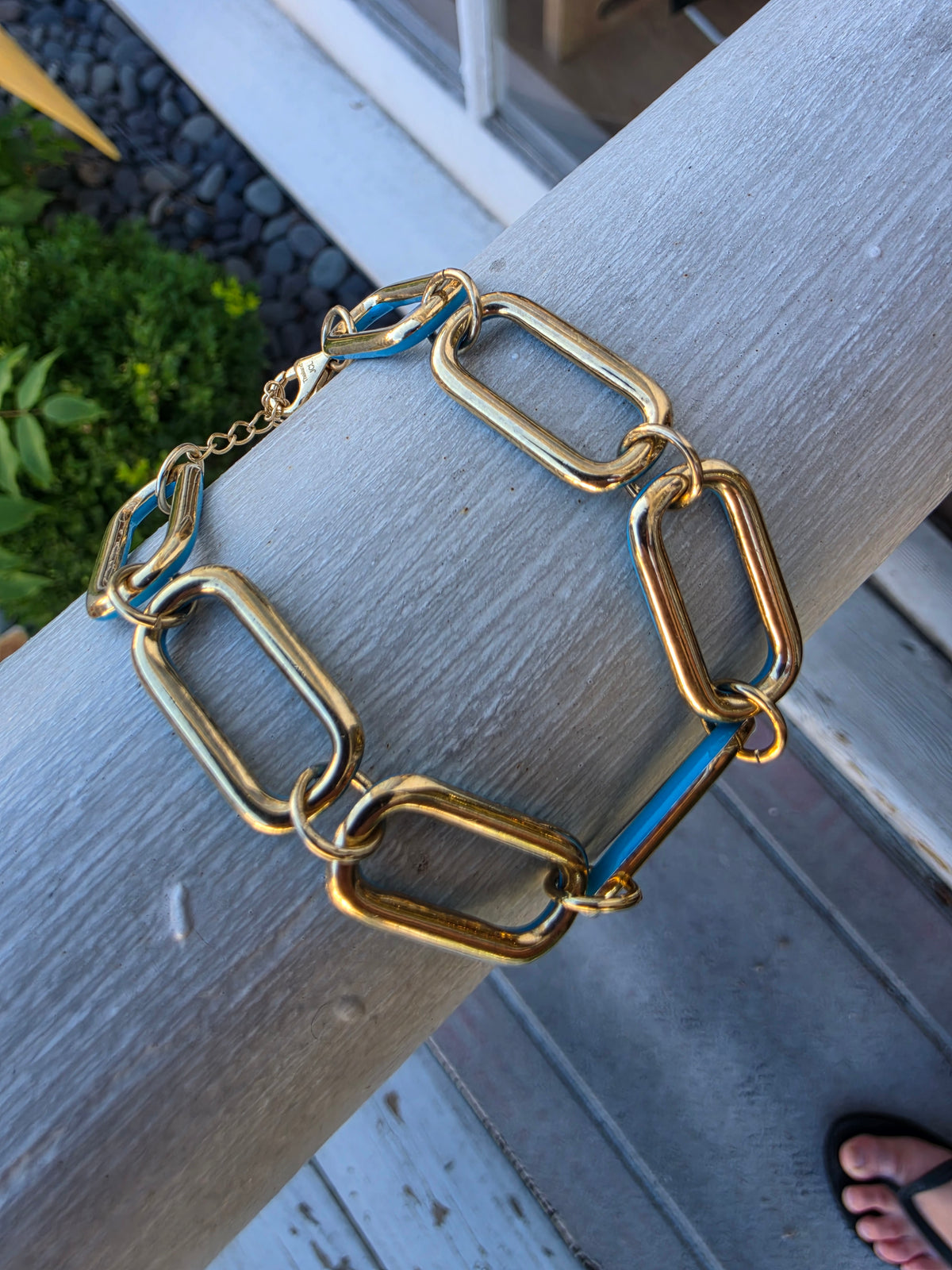 925 Sterling Silver Vermeil Large Teal Enamel Paperclip Link Reversible Bracelet