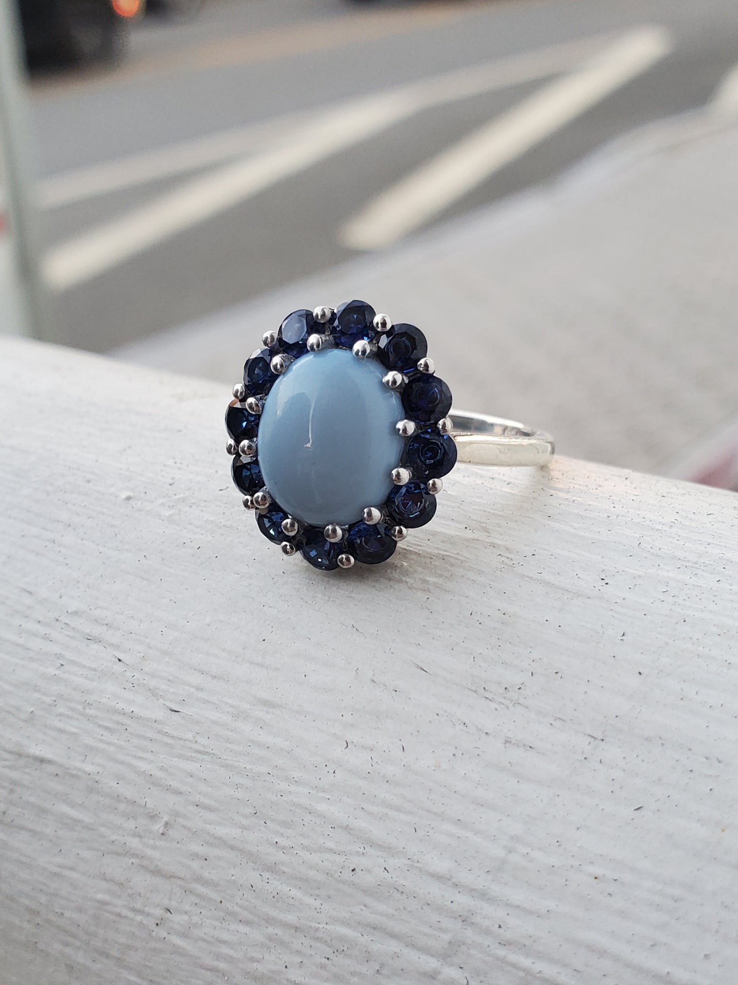 925 Sterling Silver Ladies Oval Blue Chalcedony & Simulated Sapphire Halo Ring