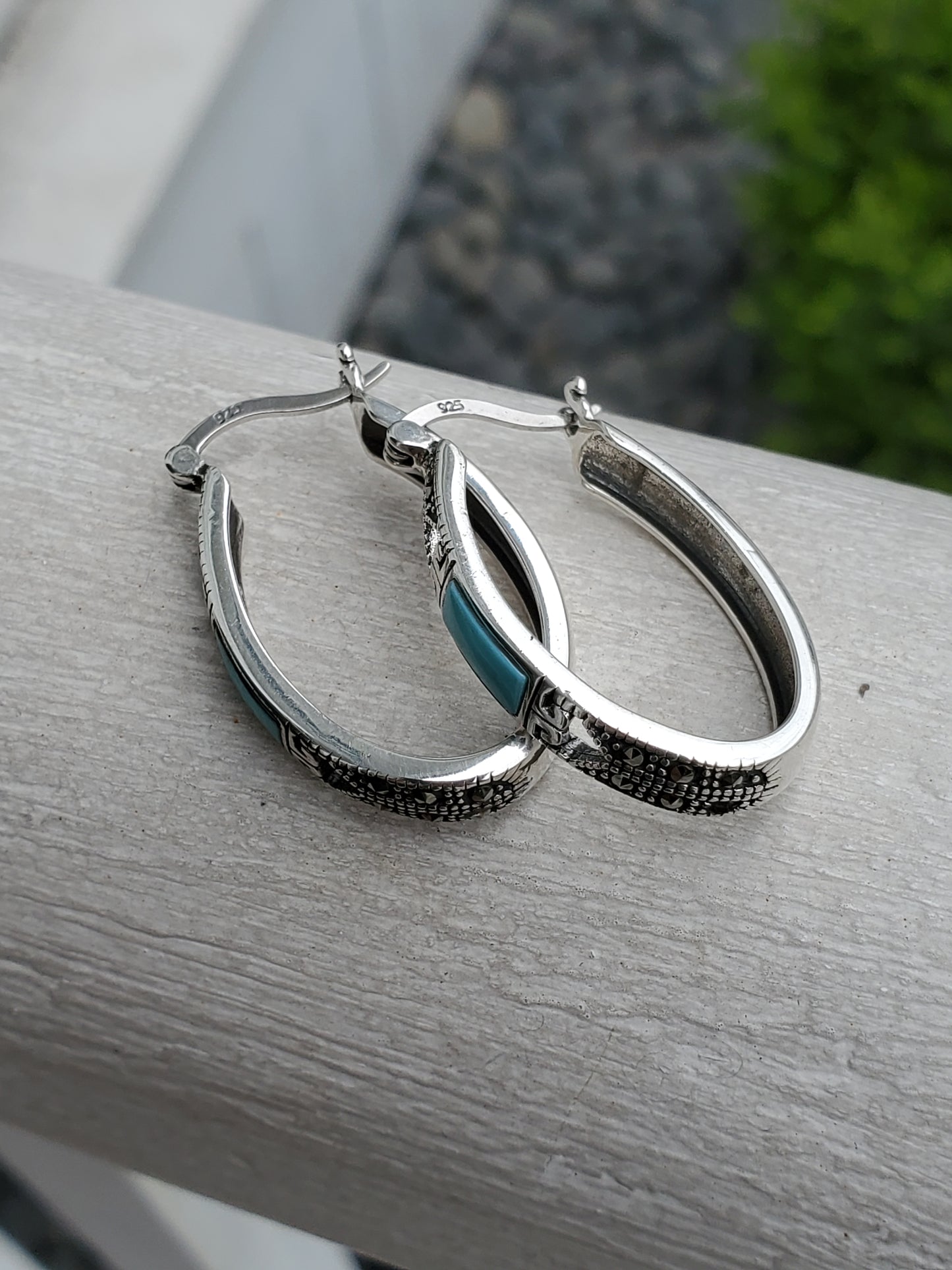 925 Sterling Silver Designer SLC Turquoise & Marcasite Oval Oblong Hoop Earrings