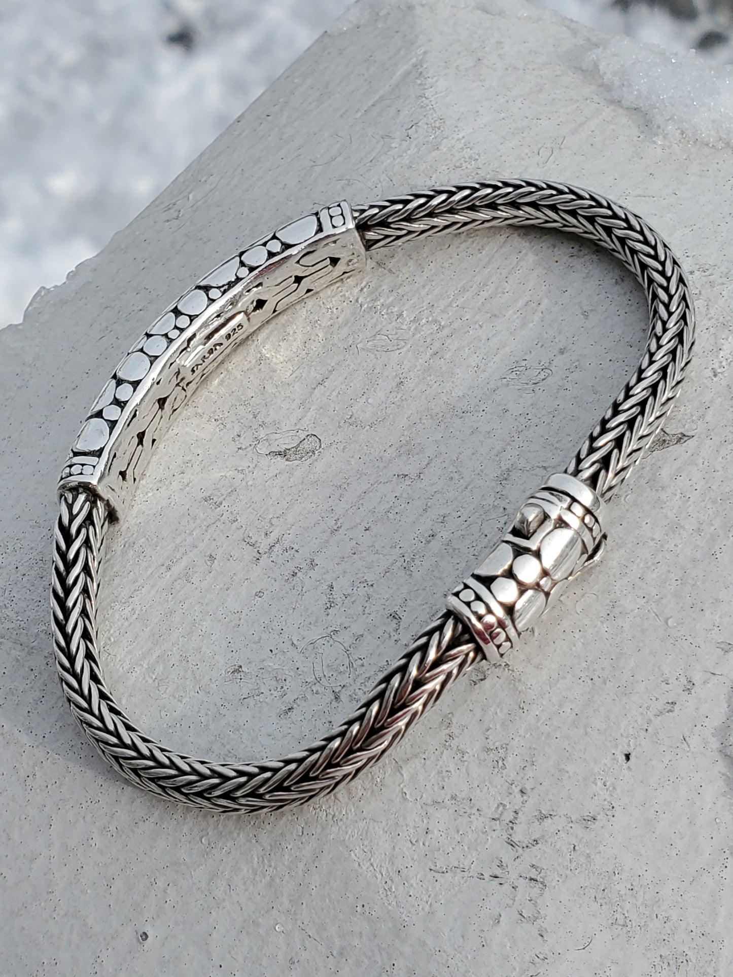 925 Sterling Silver Designer Sarda Kali Heavy Woven Textured Pebble Bar Bracelet