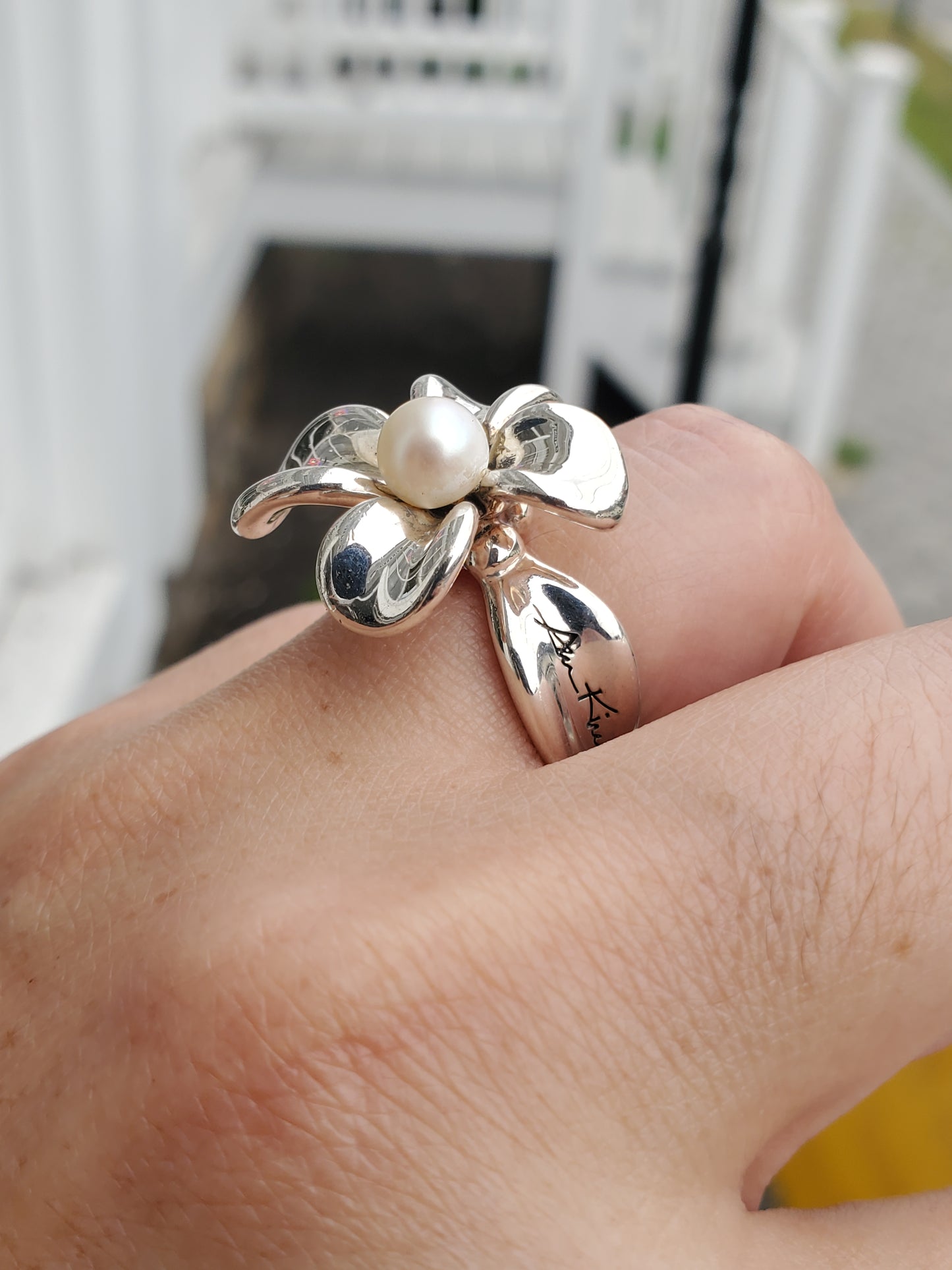 925 Sterling Silver Designer Anna King Pearl Orchid Flower Ring