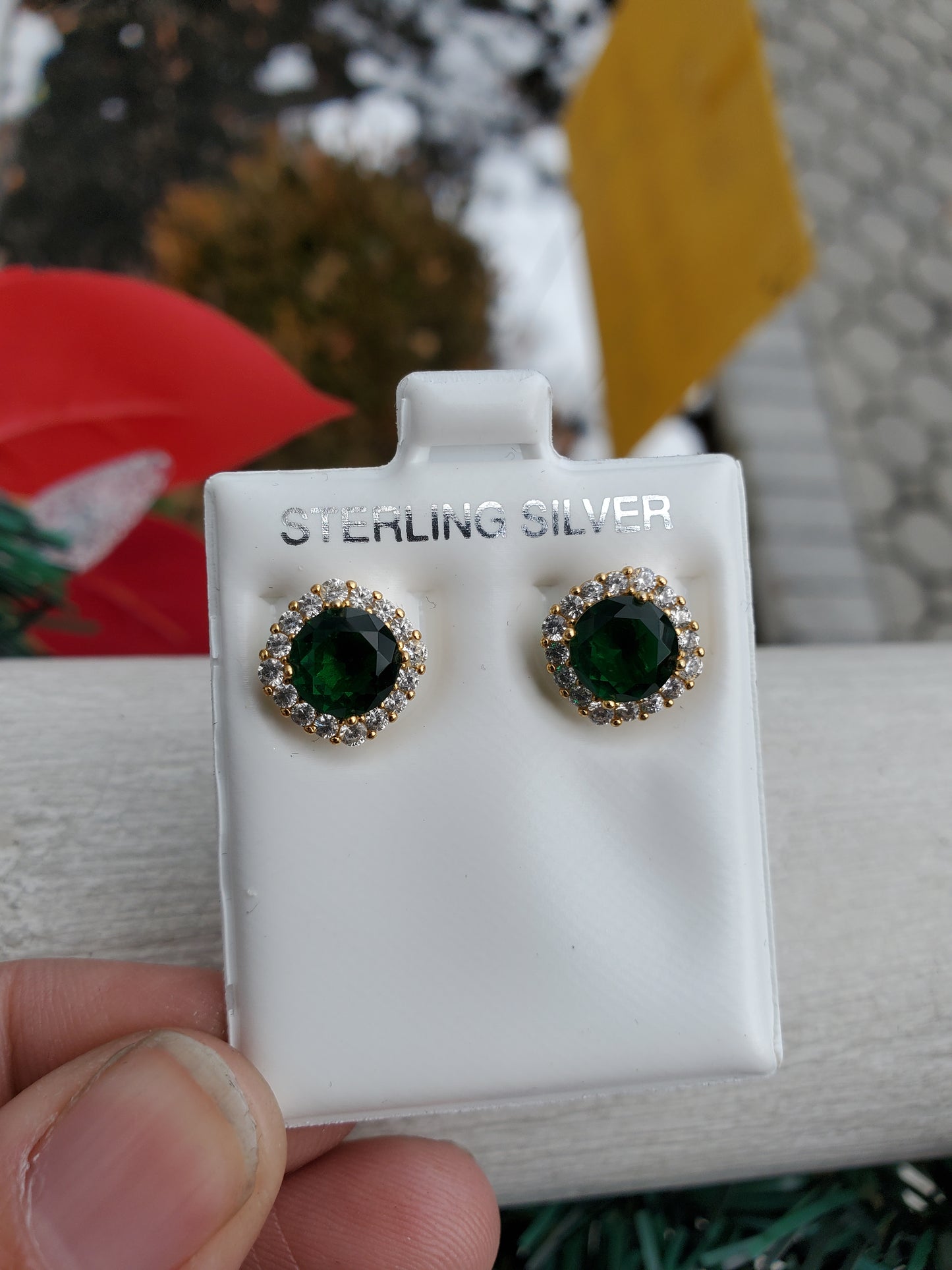 925 Sterling Silver Vermeil Simulated Green Emerald Zirconia CZ Stud Earrings