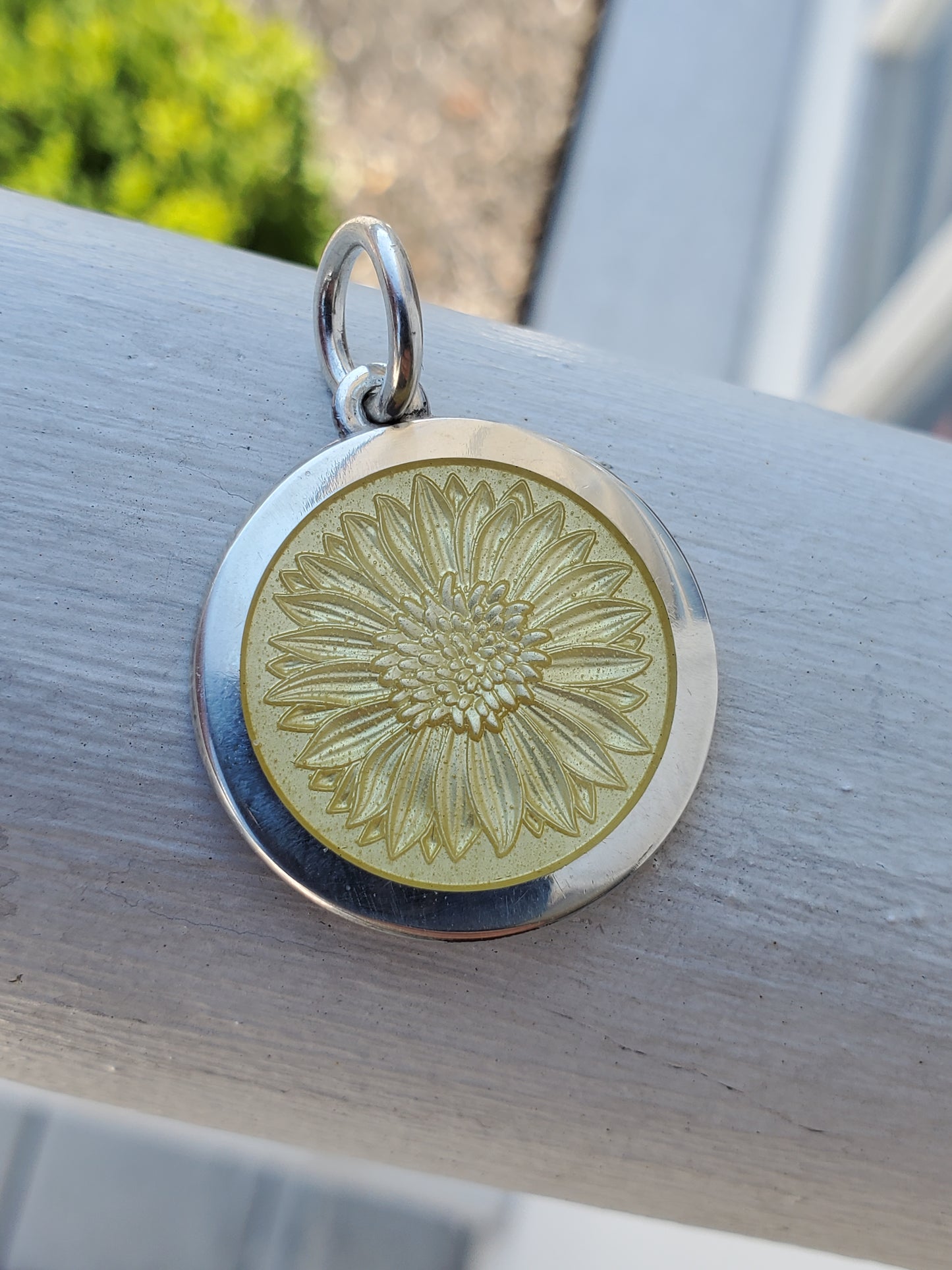 925 Sterling Silver COLBY DAVIS Sunflower Yellow Glass Enamel Pendant Always Shine