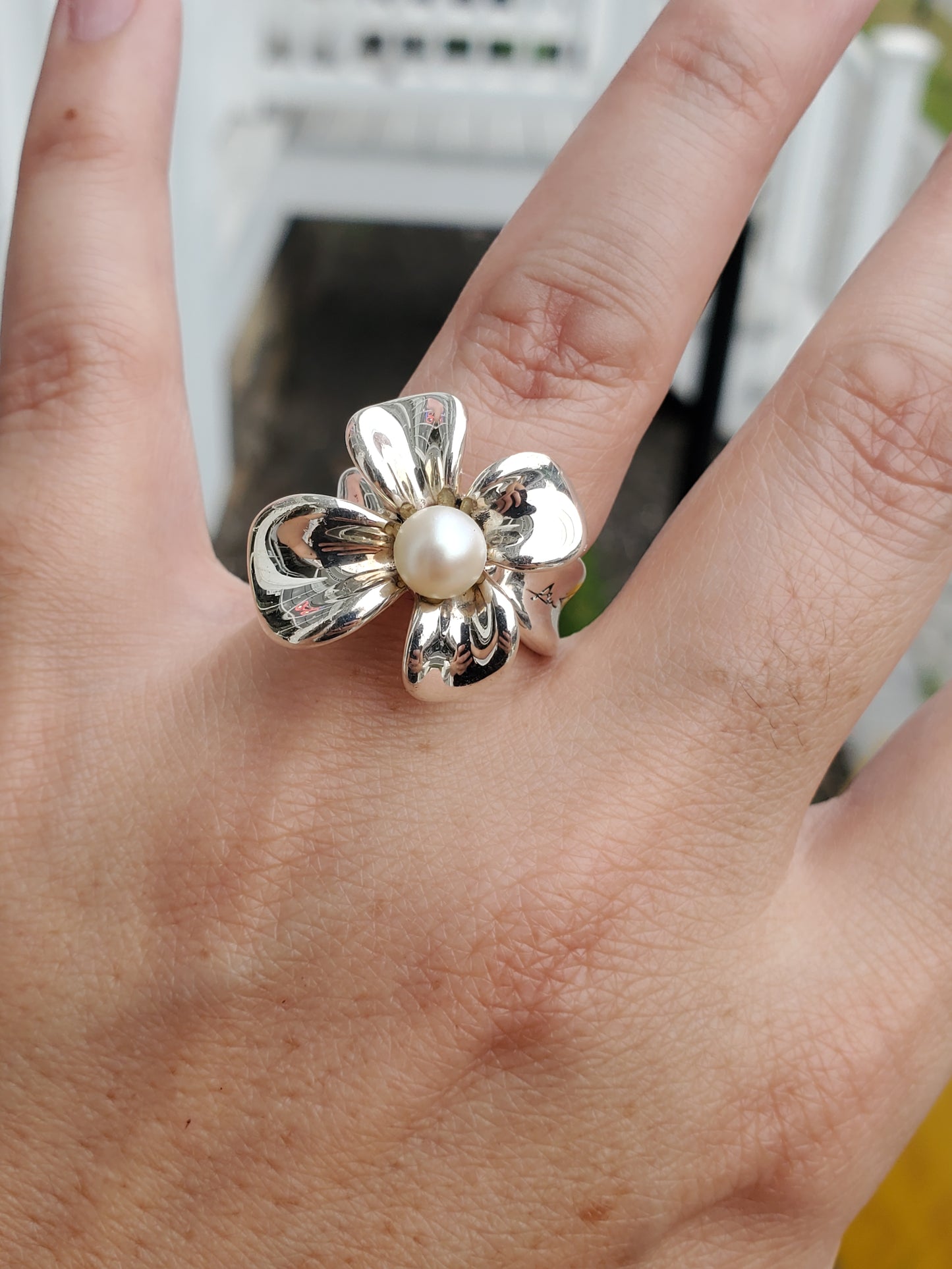 925 Sterling Silver Designer Anna King Pearl Orchid Flower Ring