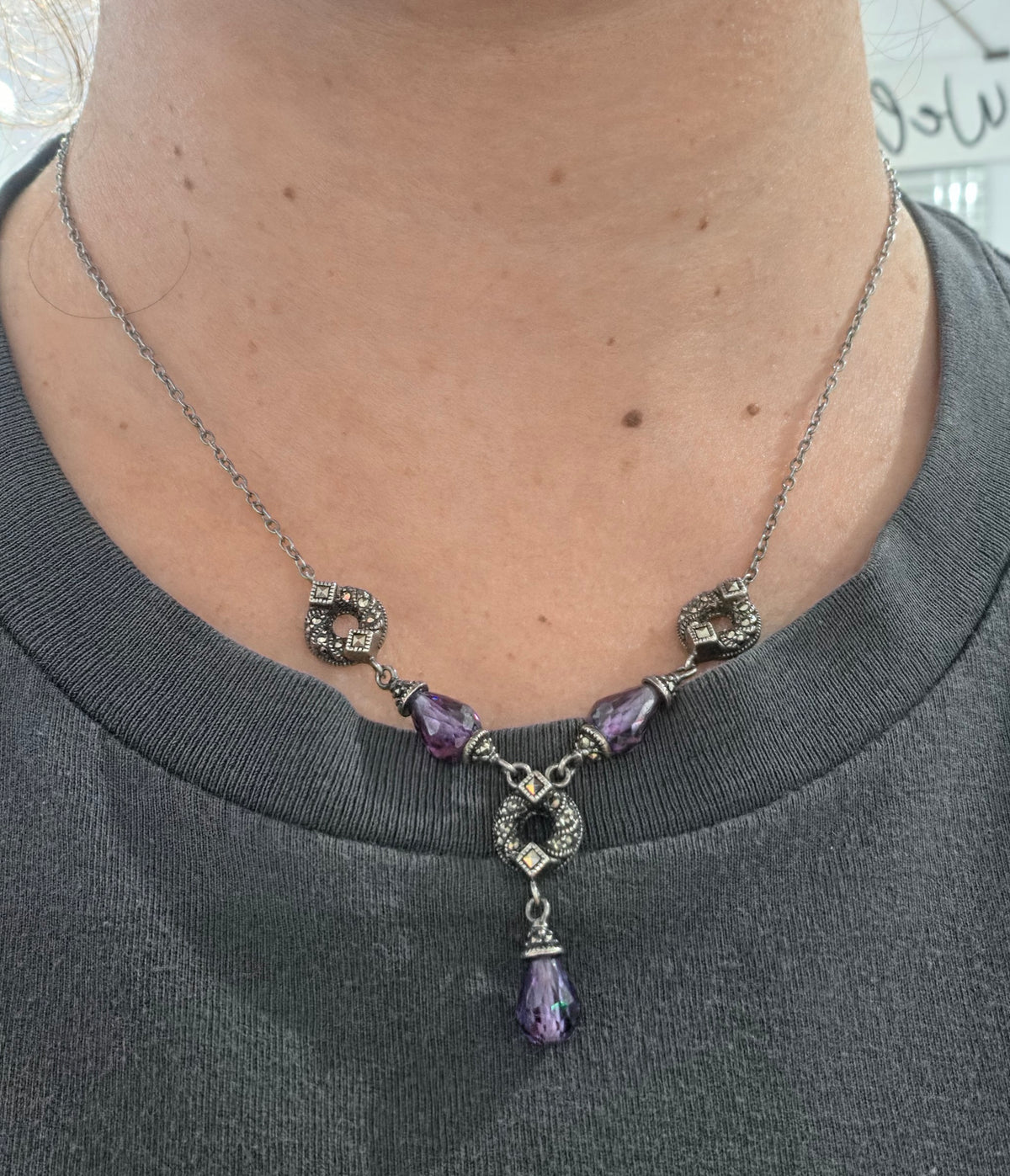 925 Sterling Silver Amethyst Crystal & Marcasite Statement Necklace
