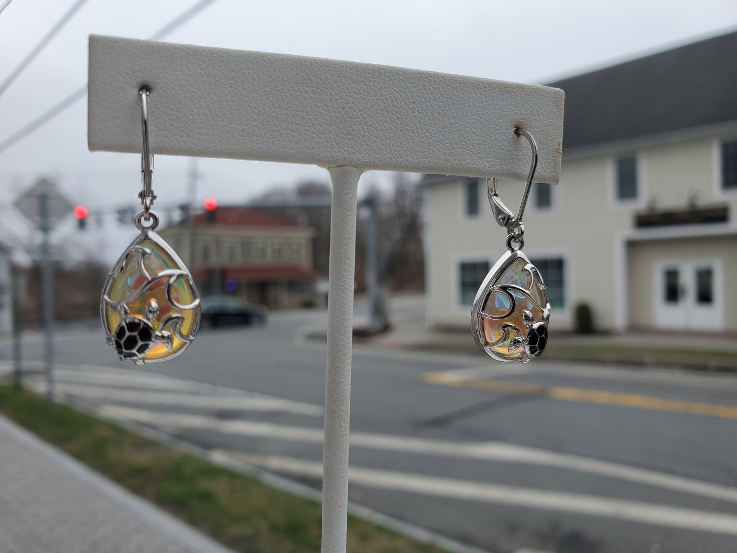 925 Sterling Silver AB Crystal Sea Turtle Teardrop Earrings