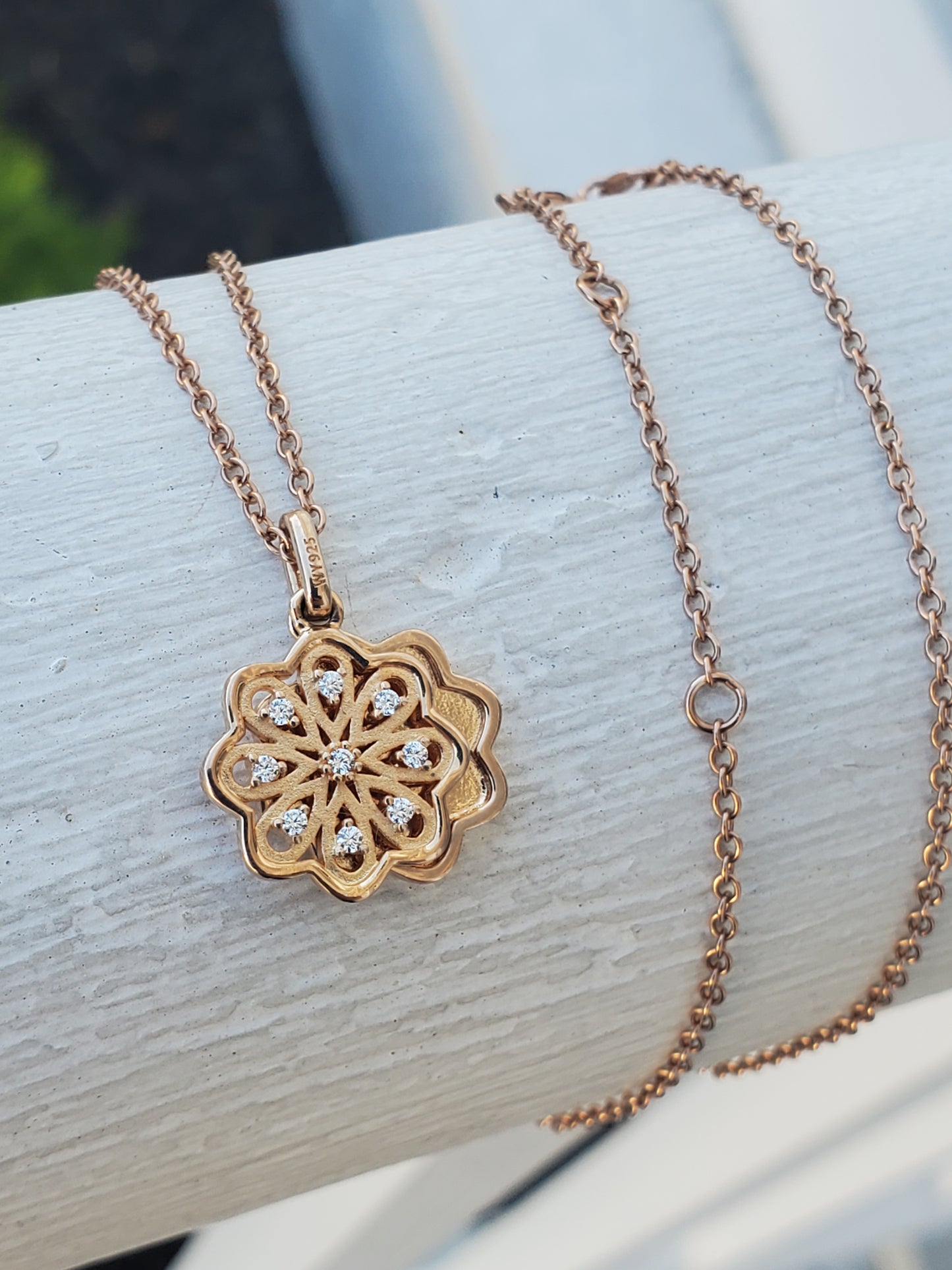 925 Sterling Silver Rose Vermeil Designer "With You" floral zirconia necklace
