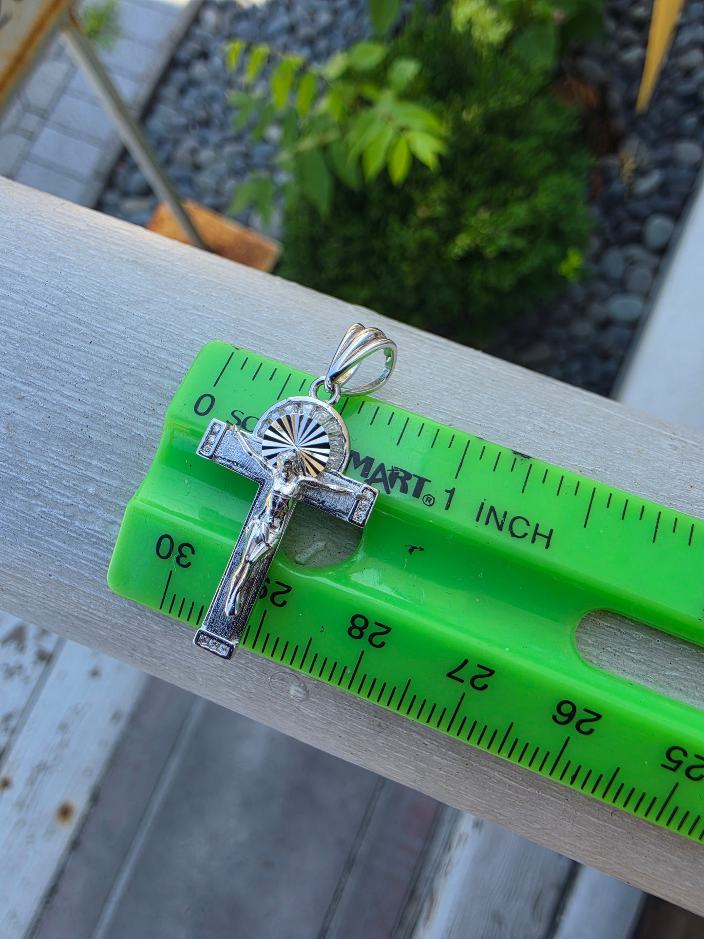 925 Sterling Silver Crucifix Cross Charm Pendant w/ White Spinel Baguette Cut Gemstones