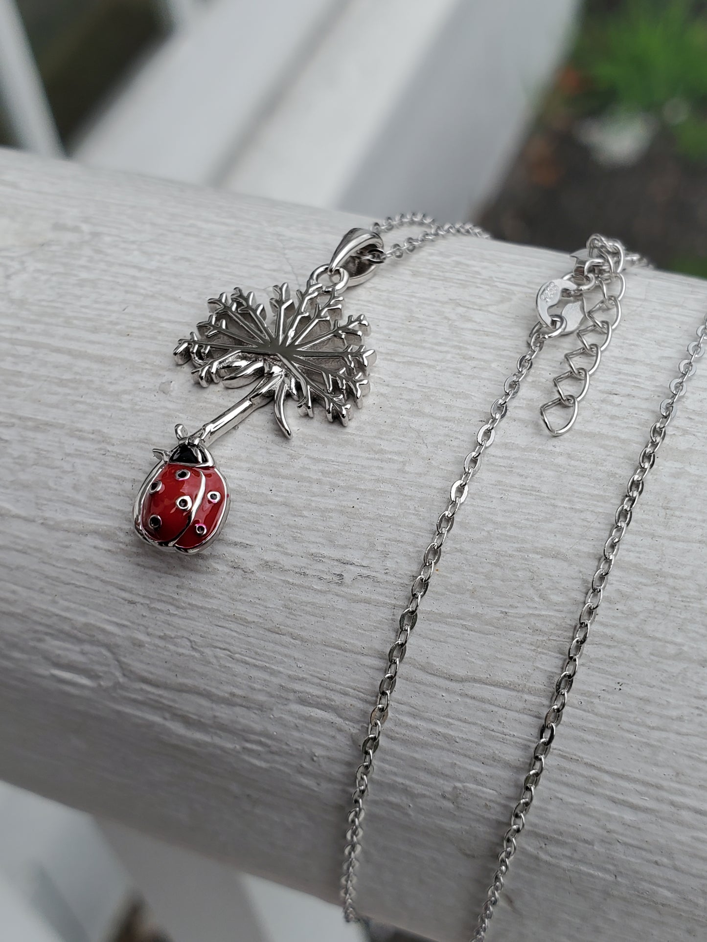 925 Sterling Silver Dandelion Enameled Ladybug "Make a wish" Necklace