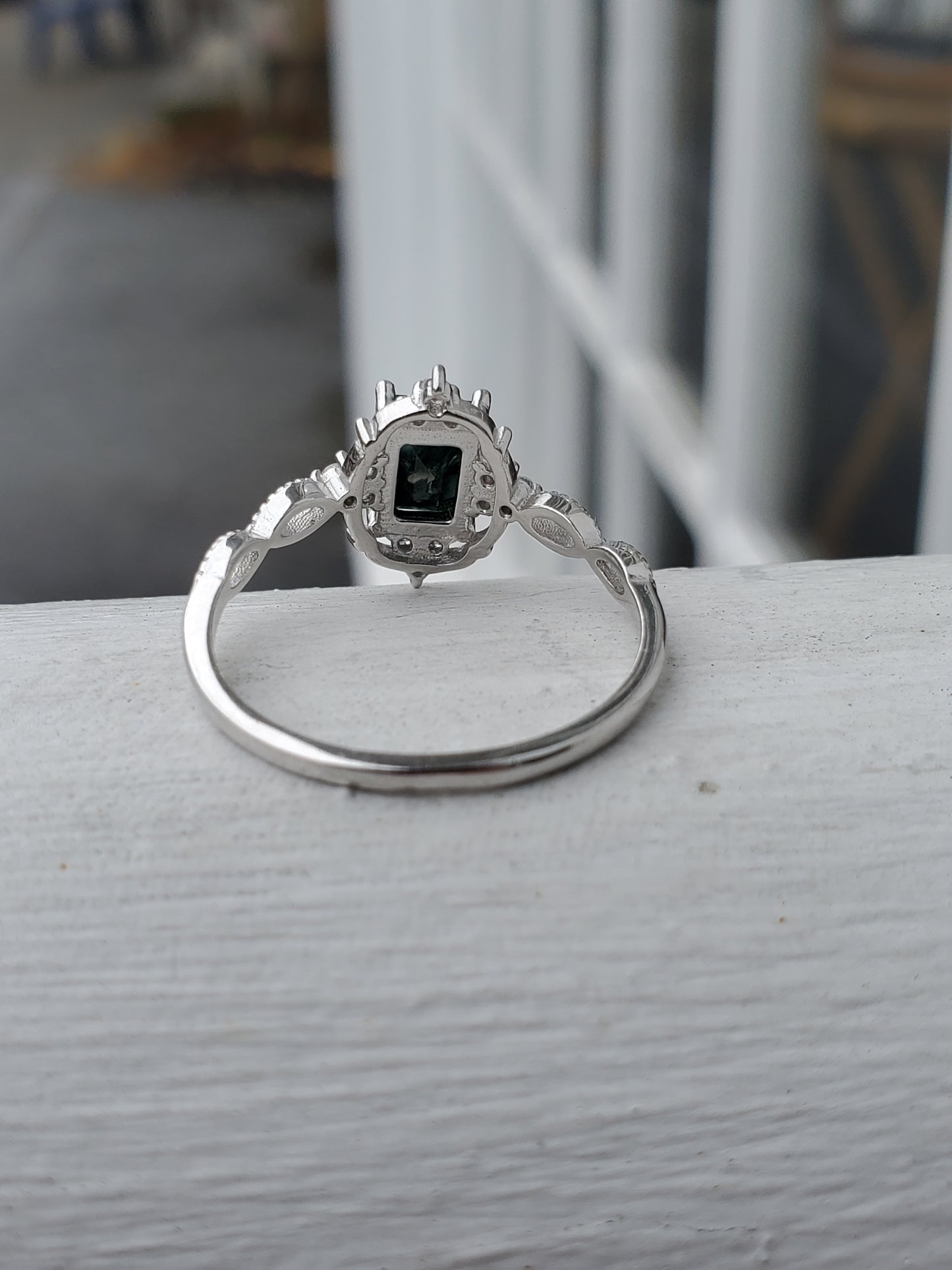 925 Sterling Silver Emerald Cut Mossy Agate Zirconia Ring
