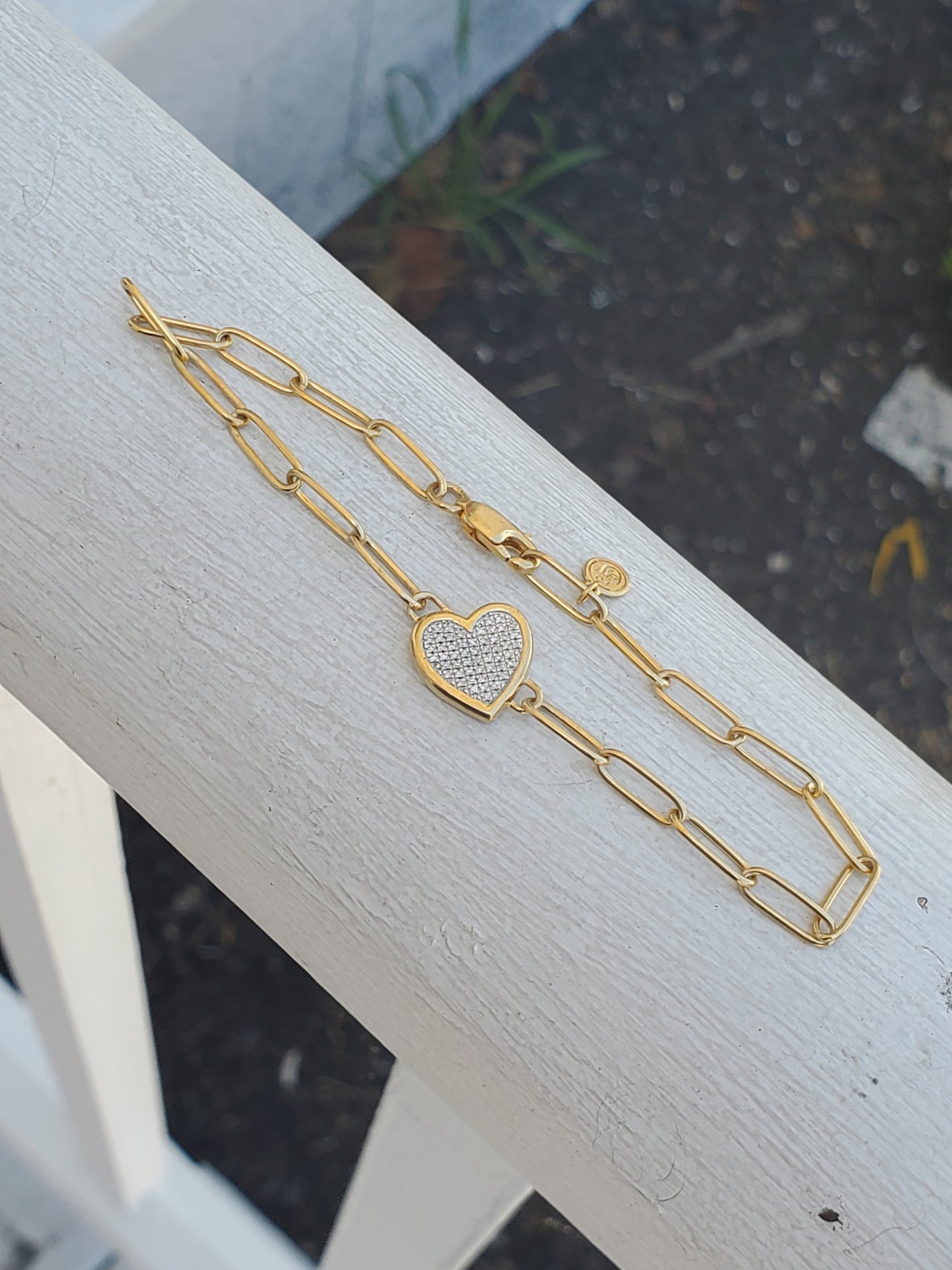 925 Sterling Silver Vermeil Pave Heart Zirconia Paperclip Bracelet