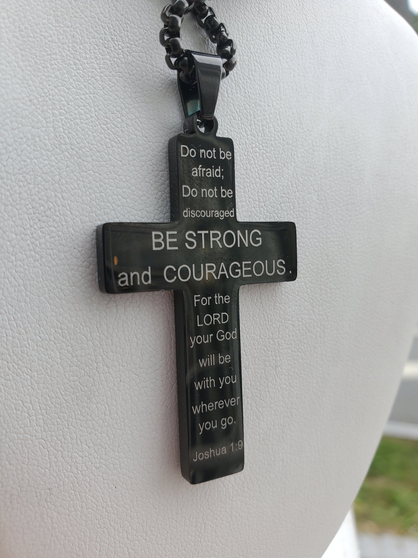 Stainless Steel Black Proud American Flag Cross Joshua 1:9 Necklace Pendant