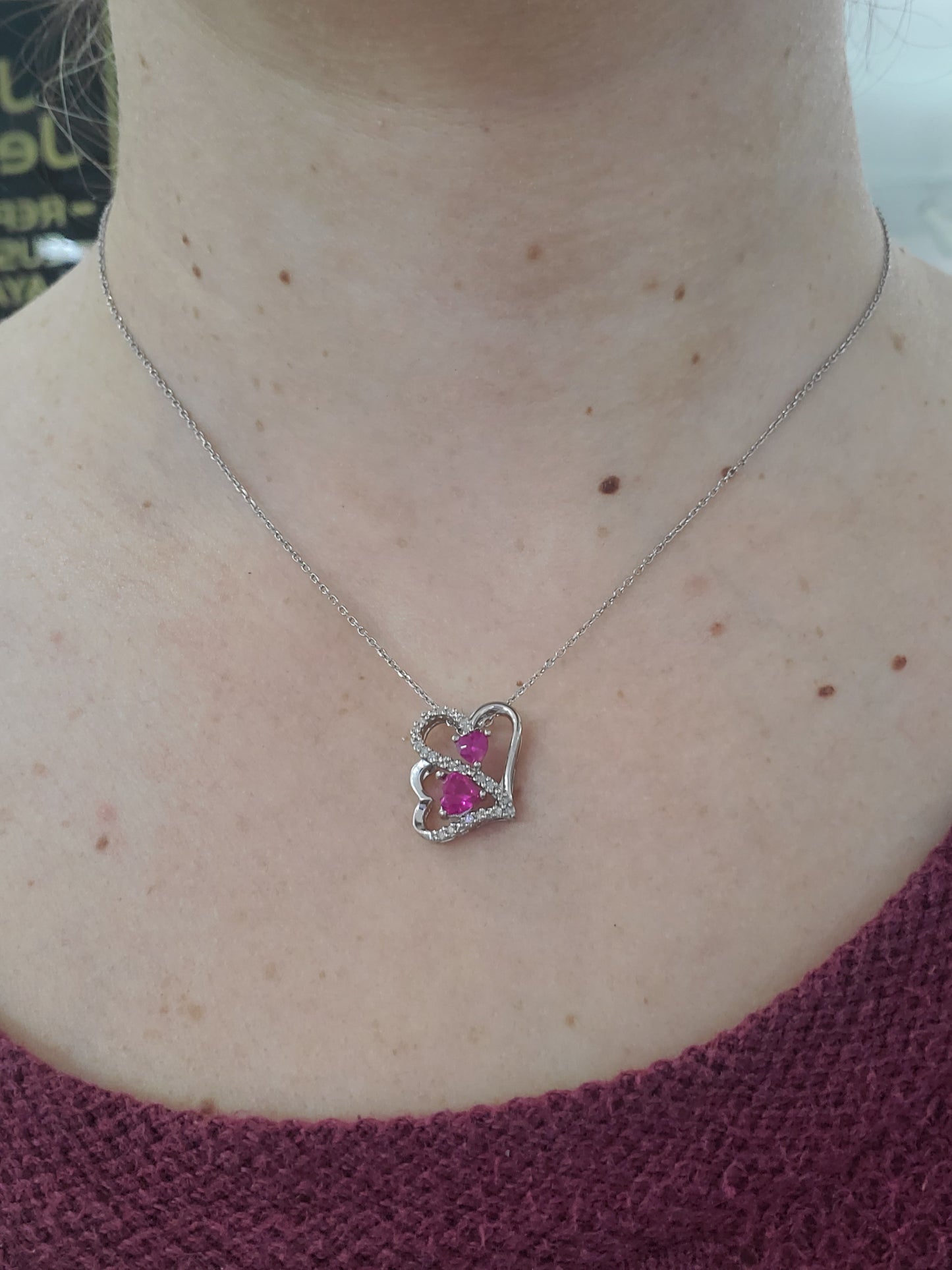 925 Sterling Silver Simulated Ruby & Natural Diamond Double Heart Necklace