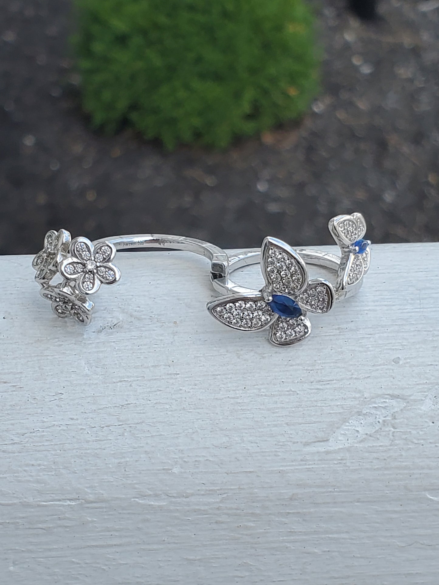925 Sterling Silver Butterfly Bouquet 💐 Lab-Created Sapphire & Zirconia double finger ring