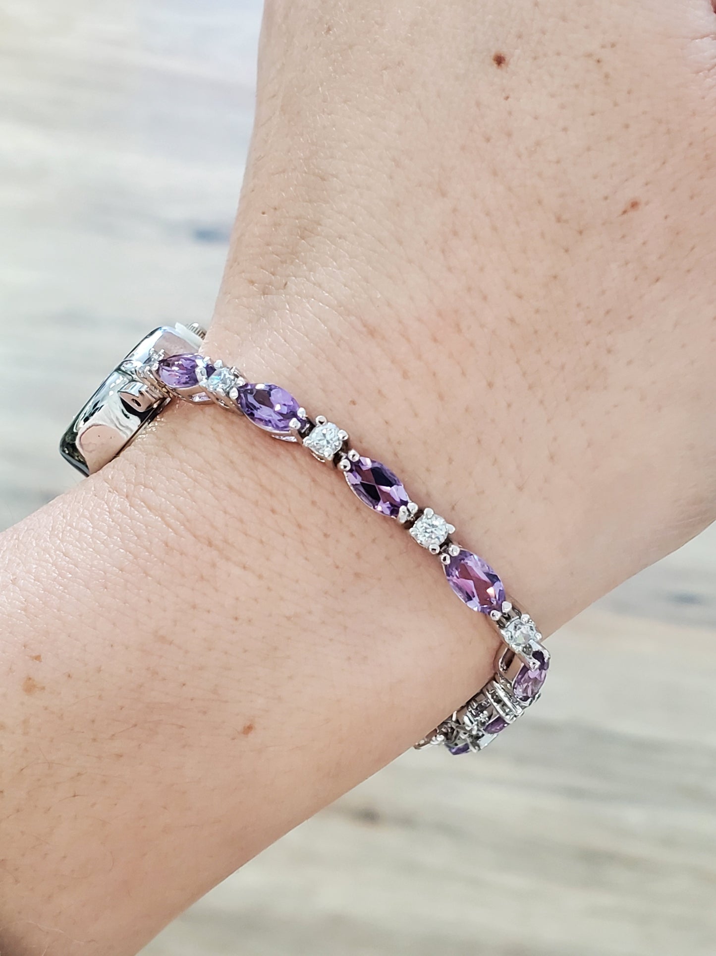 925 Sterling Silver Amethyst & CZ Zirconia Watch Tennis Bracelet