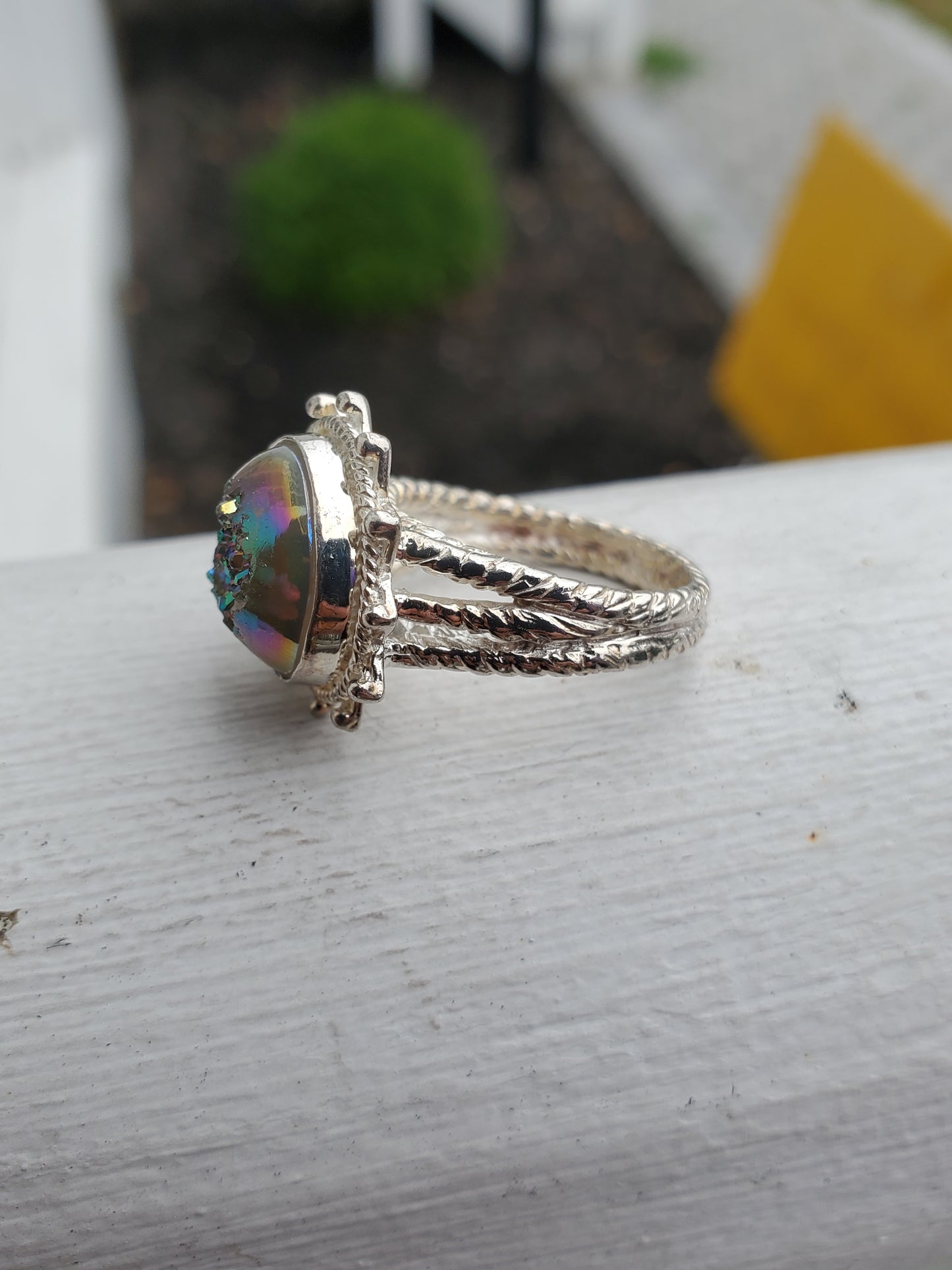 925 Sterling Silver Mystic Druzy Tapered Twisted Cable Ring