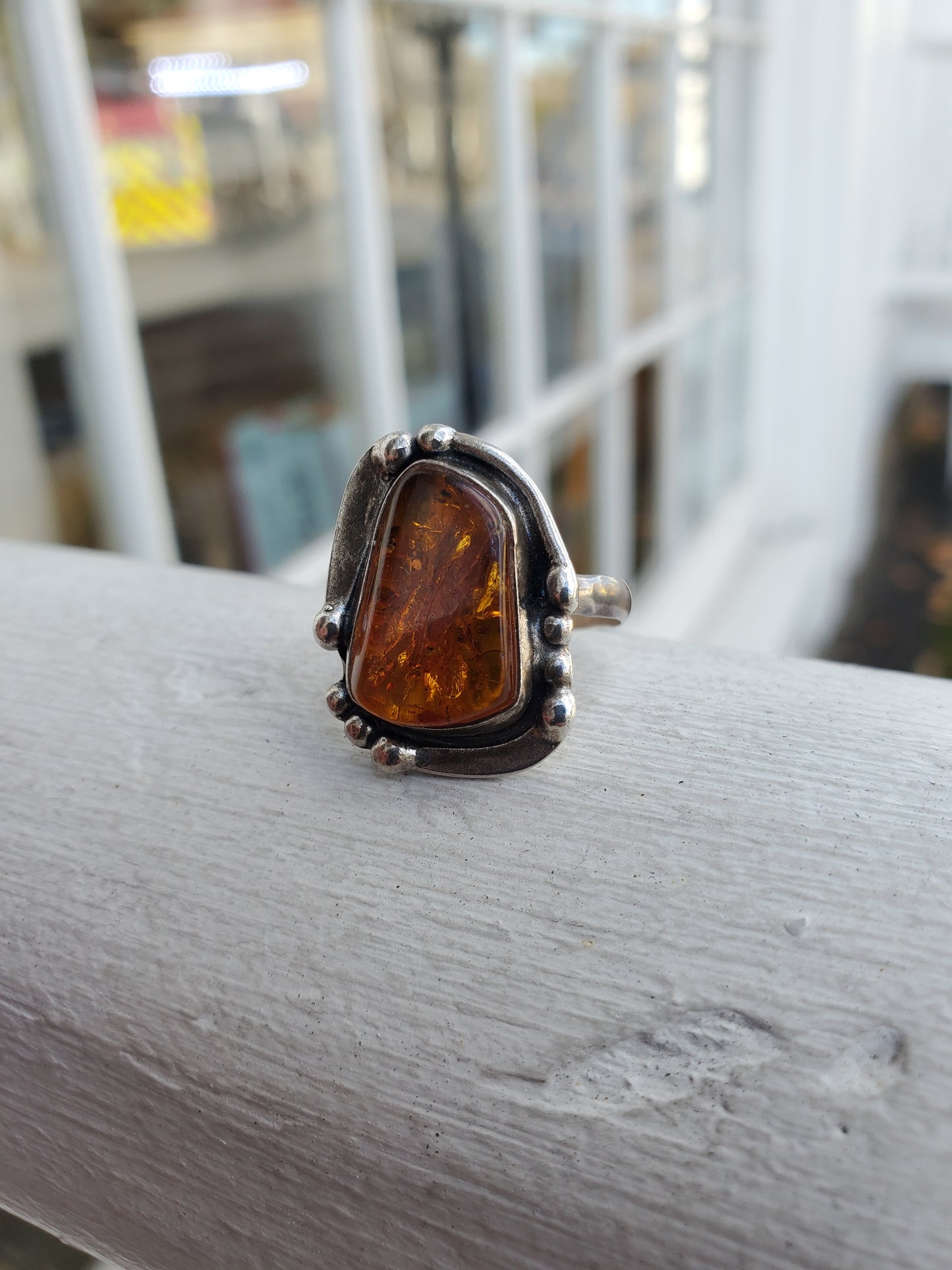 925 Sterling Silver Designer Stan Davidson Natural Amber Beaded Ring
