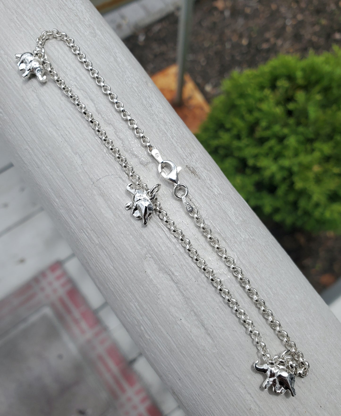 925 Sterling Silver Elephant Charms Rolo Link Anklet