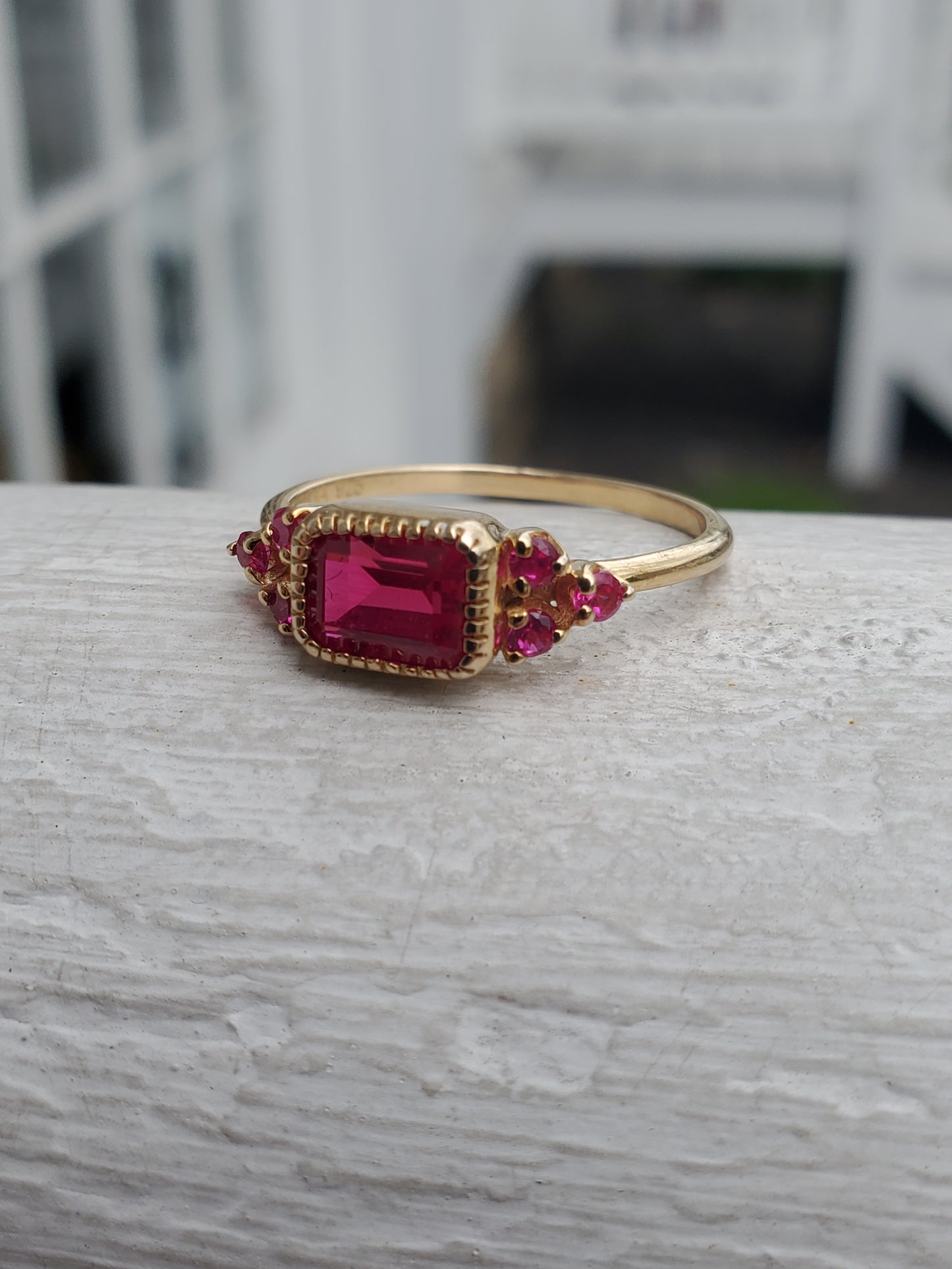 925 Sterling Silver Vermeil Simulated Ruby Emerald Cut Ring