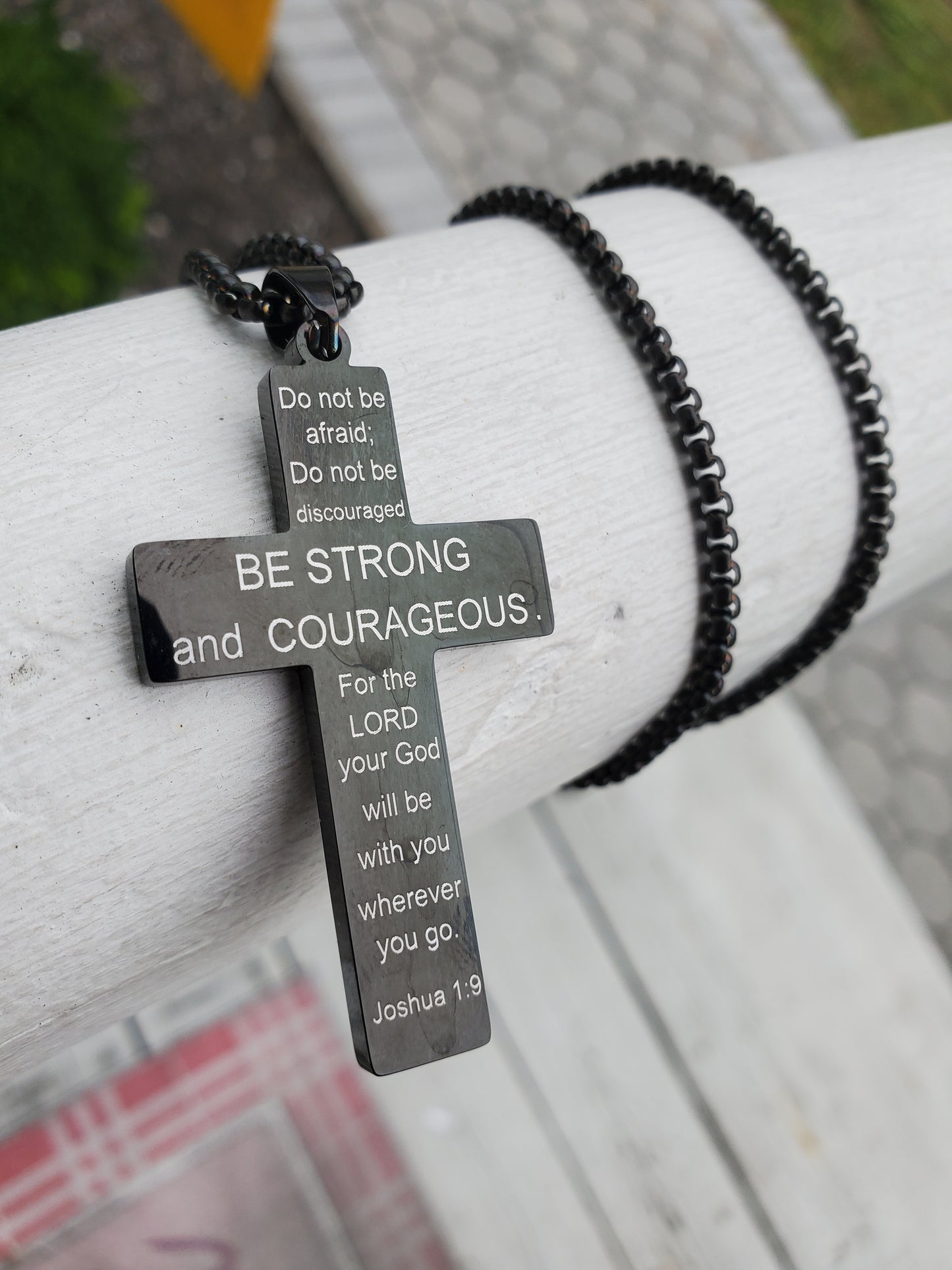 Stainless Steel Black Proud American Flag Cross Joshua 1:9 Necklace Pendant