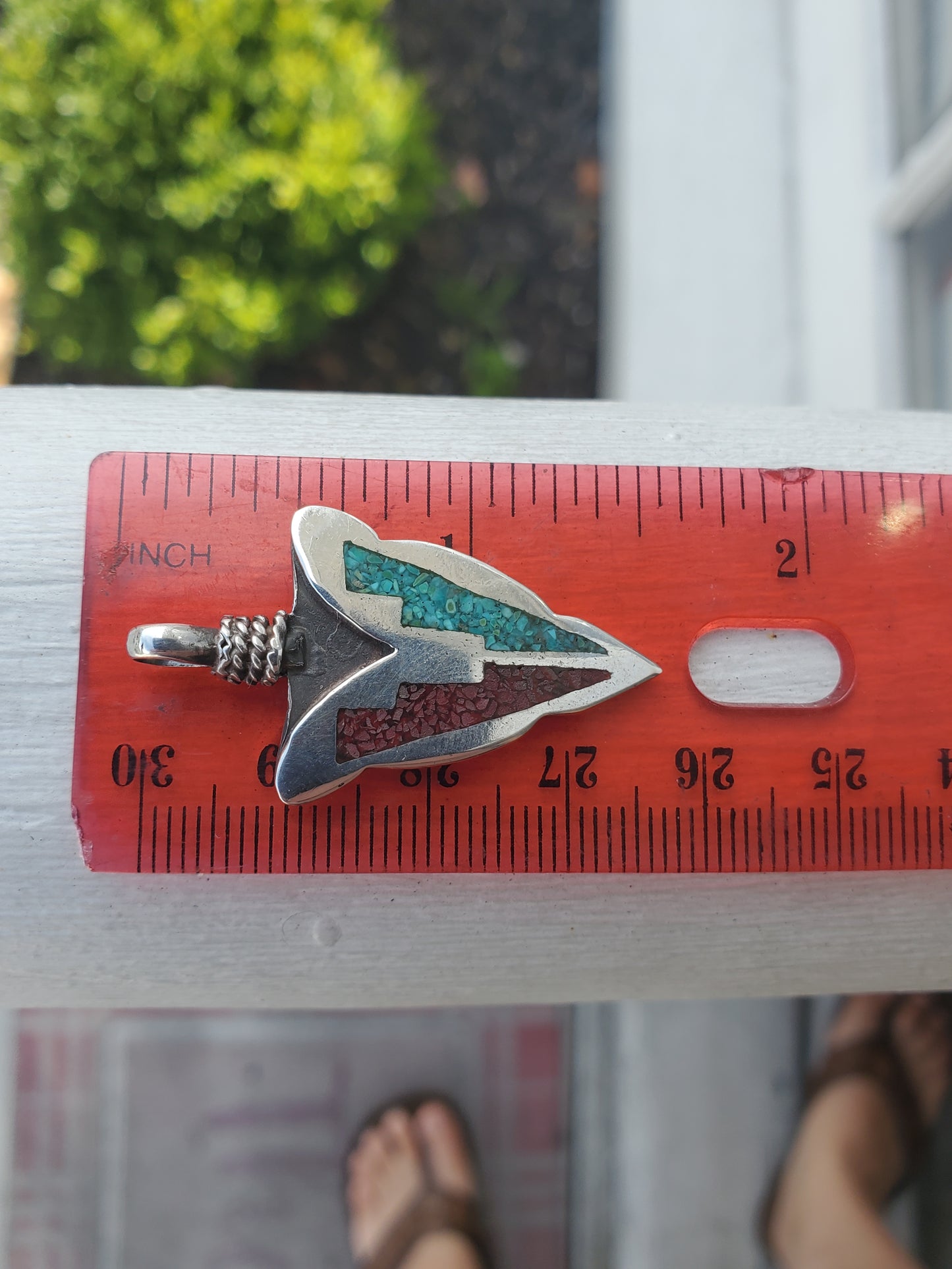 925 Sterling Silver crushed Turquoise & Coral Inlay Arrowhead Pendant Charm