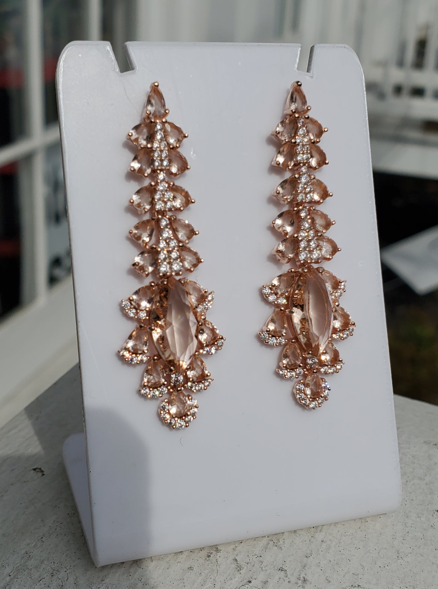 925 Sterling Silver Rose Vermeil Morganite & Zirconia CZ Fancy Chandelier Drop Earrings