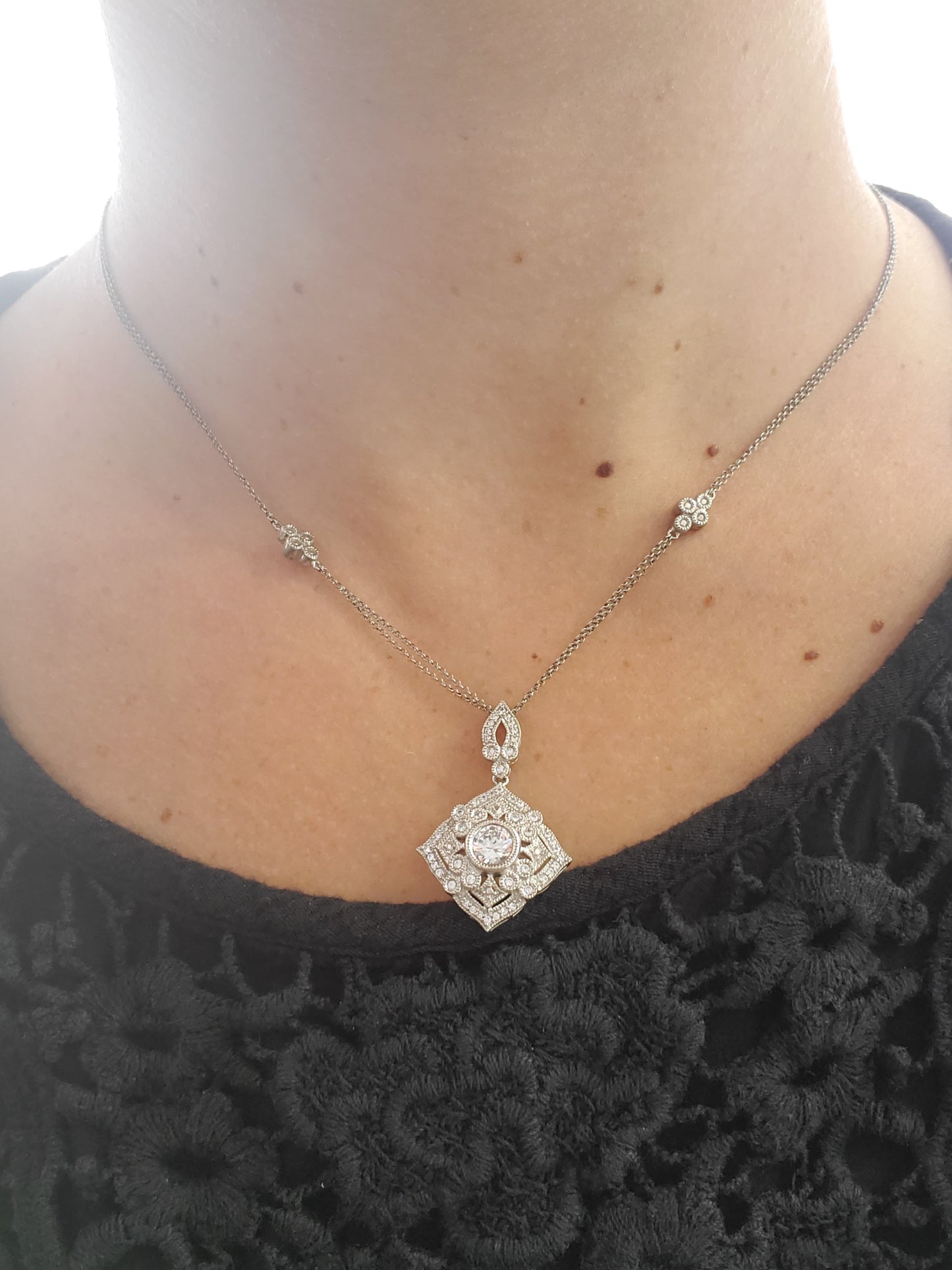 925 Sterling Silver "Sparkling Prestige" Filagre Bezel Set Zirconia Necklace w/ Embellishments