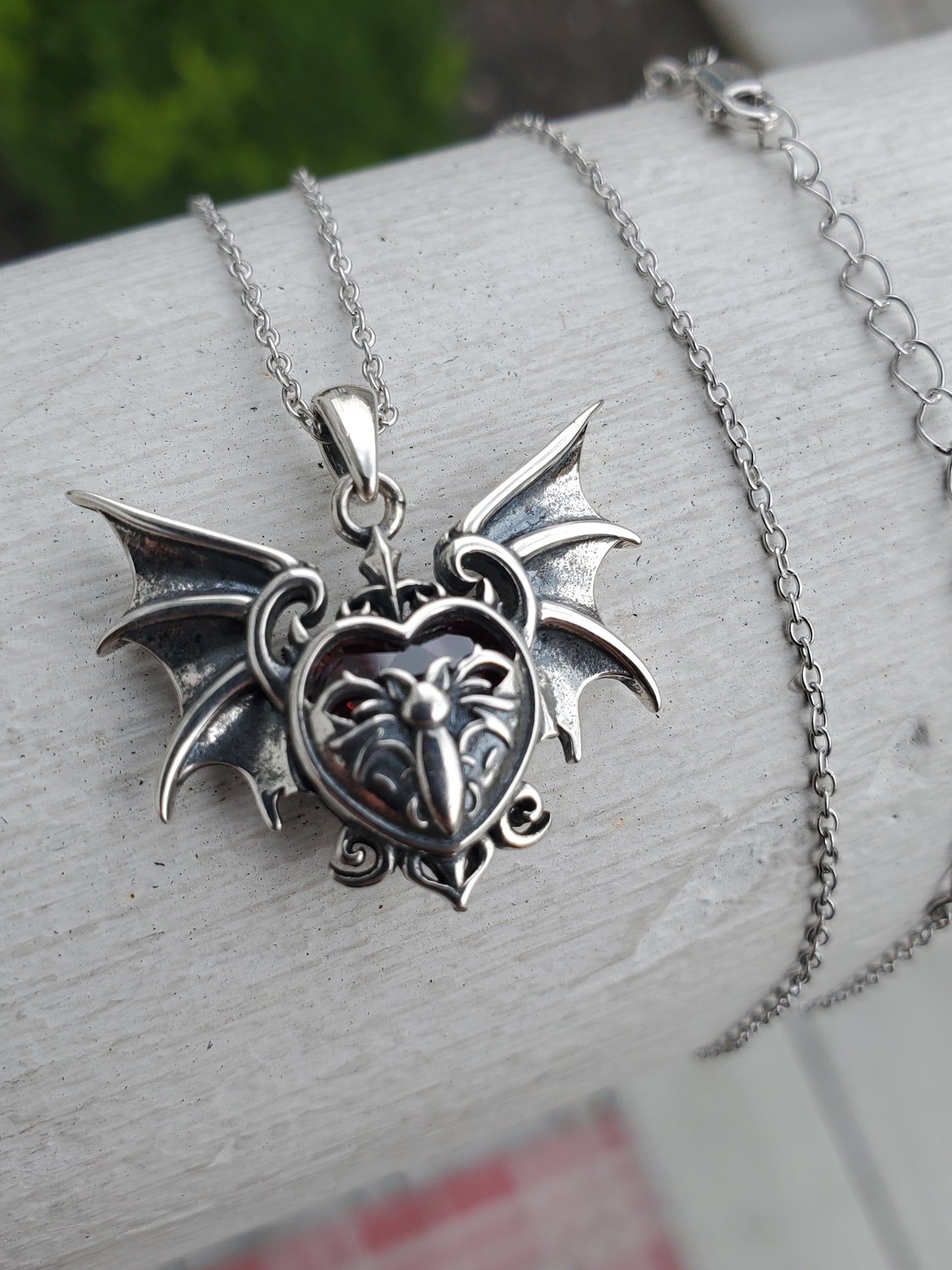 925 Sterling Silver Vampire Bat Red Heart Necklace