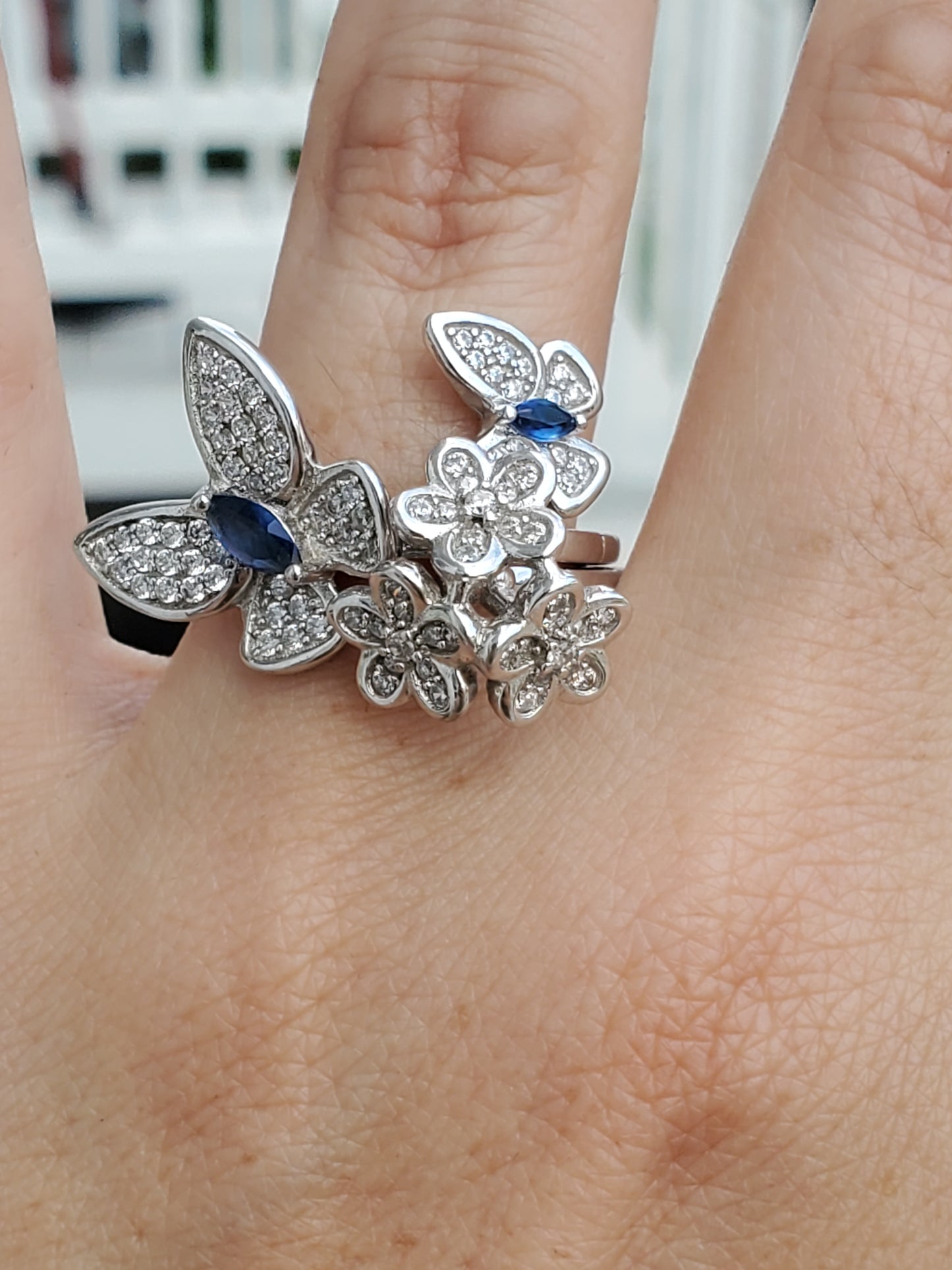 925 Sterling Silver Butterfly Bouquet 💐 Lab-Created Sapphire & Zirconia double finger ring
