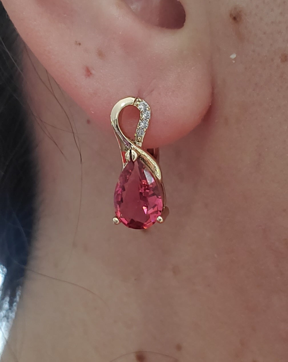 Stainless Steel Rose Vermeil Pear Shape Fushia Crystal Earrings