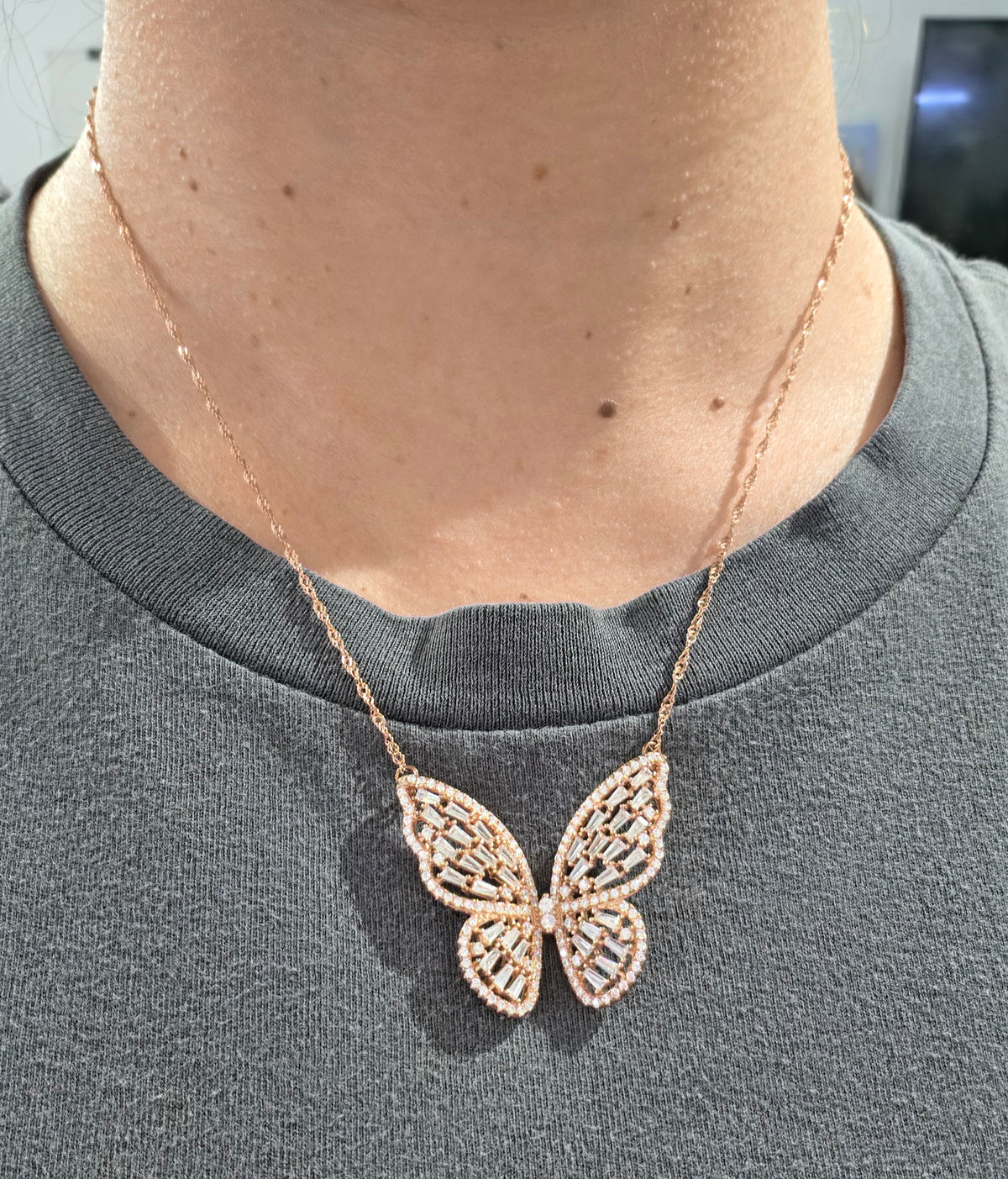 925 Sterling Silver Vermeil Sparkling Baguette Zirconia Butterfly Necklace