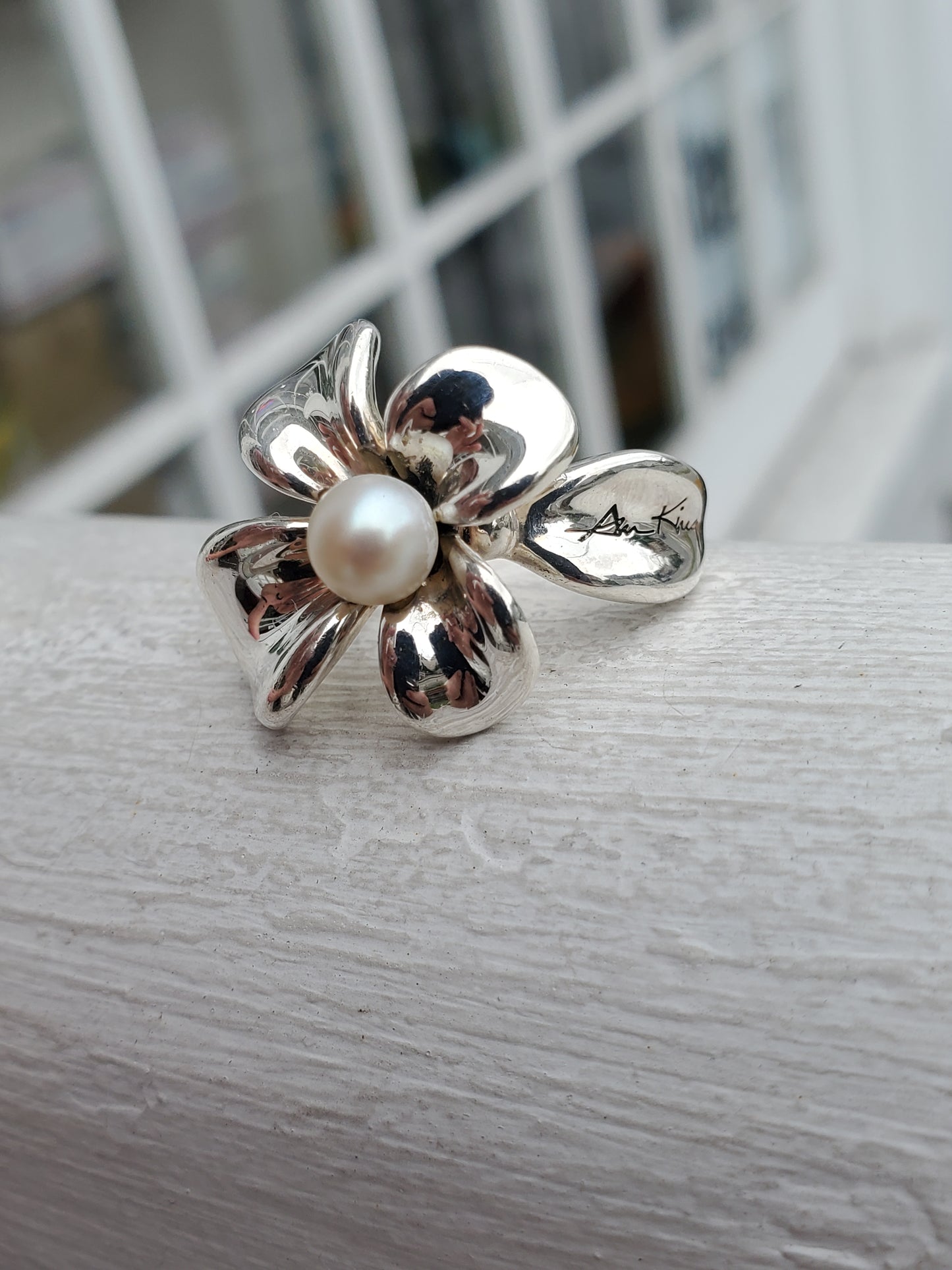 925 Sterling Silver Designer Anna King Pearl Orchid Flower Ring