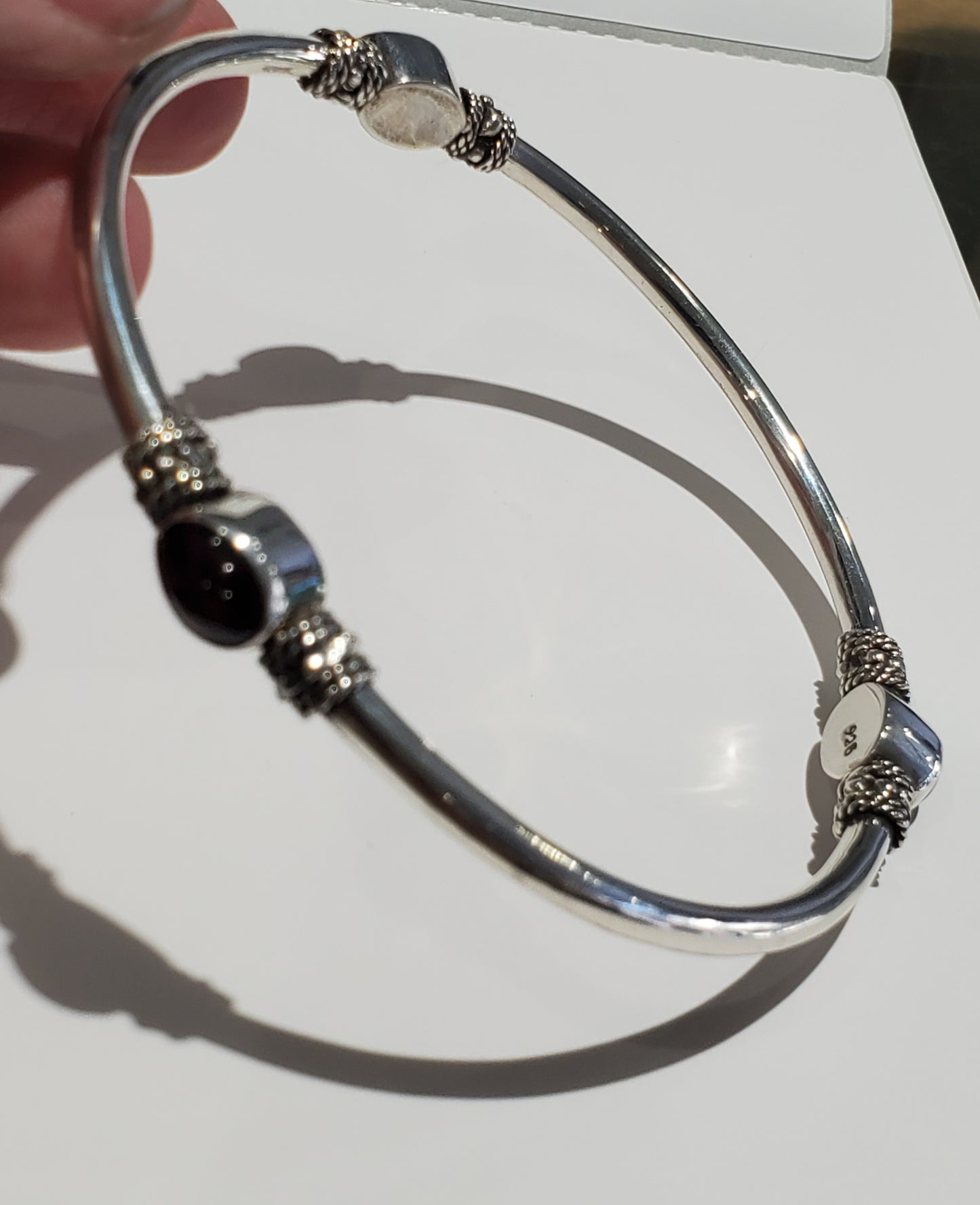 925 Sterling Silver Natural Rhodolite Garnet Cabochon Cut Stationed Bangle Bracelet