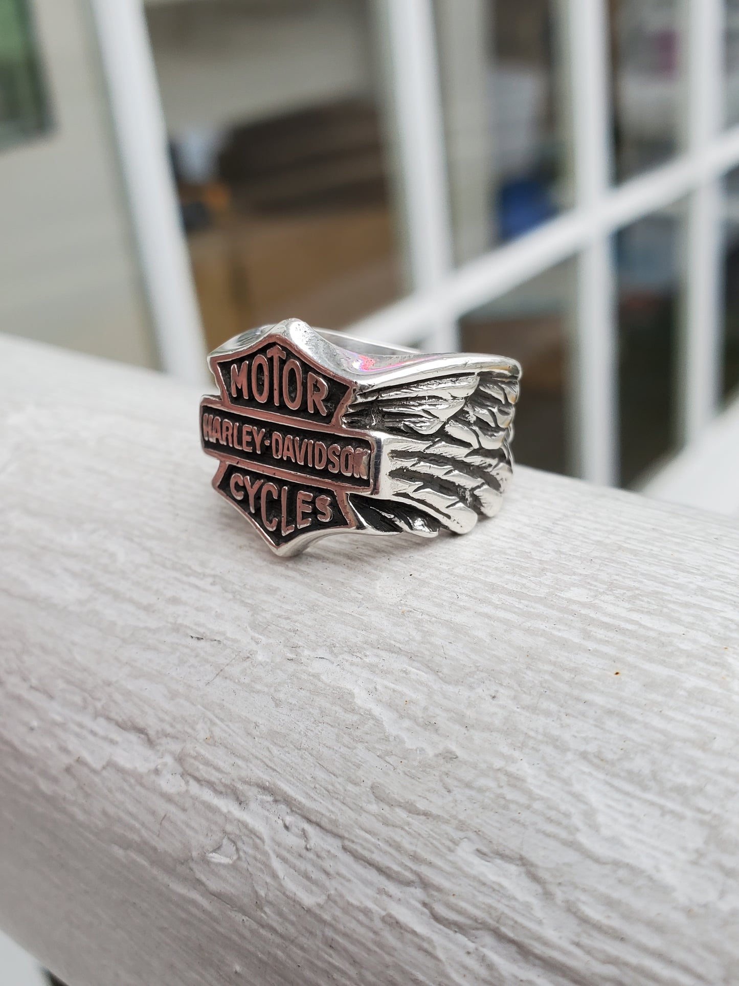 925 Sterling Silver Motorcycle Harley Davidson Shield Eagle Feather Ring