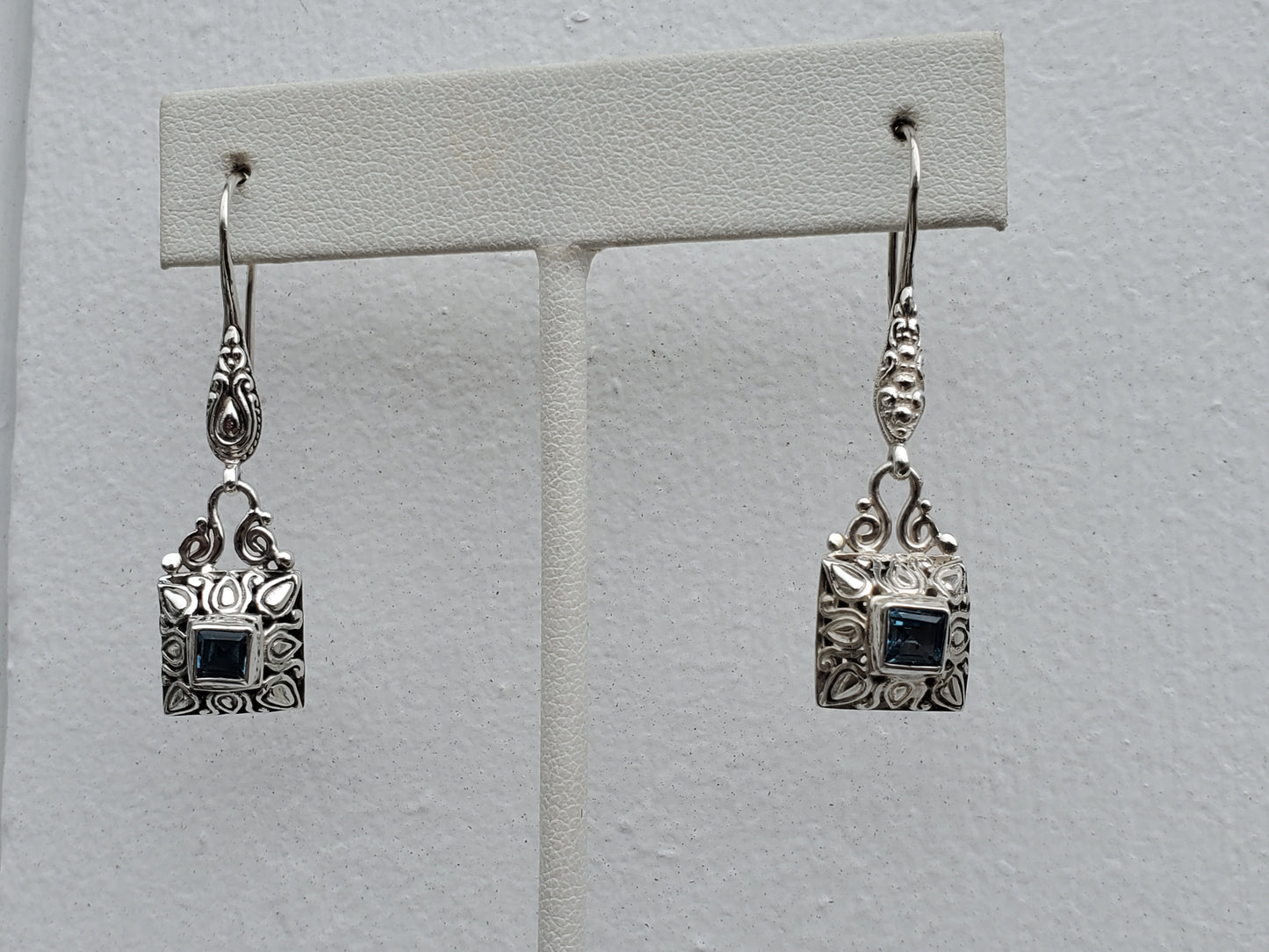 925 Sterling Silver Designer Sarda Blue Topaz Bali Filagre Dangling Earrings