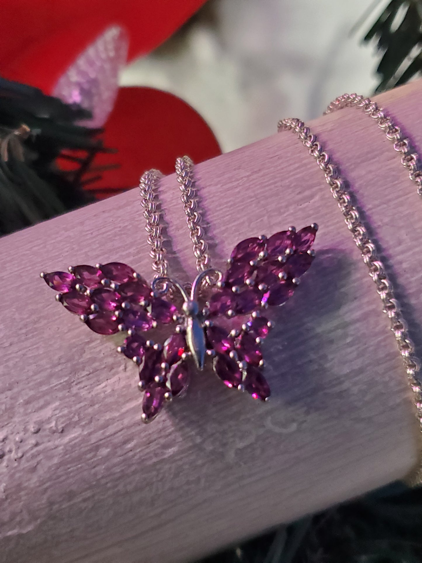 925 Sterling Silver Marquise Rhodolite Garnet Butterfly Necklace w/ 19" thick rolo link chain