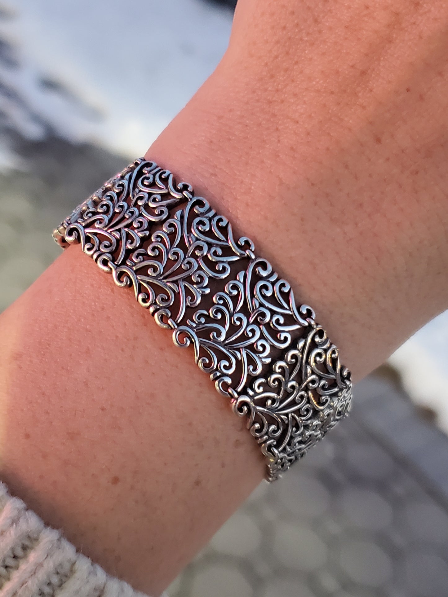 925 Sterling Silver Fancy Filagre Wide Tile Bracelet