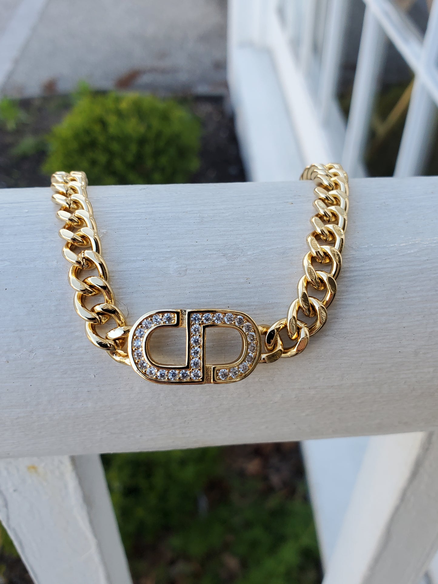 Gold Plated CD Christian Dior Lookalike CZ Cuban Link Chunky Bracelet