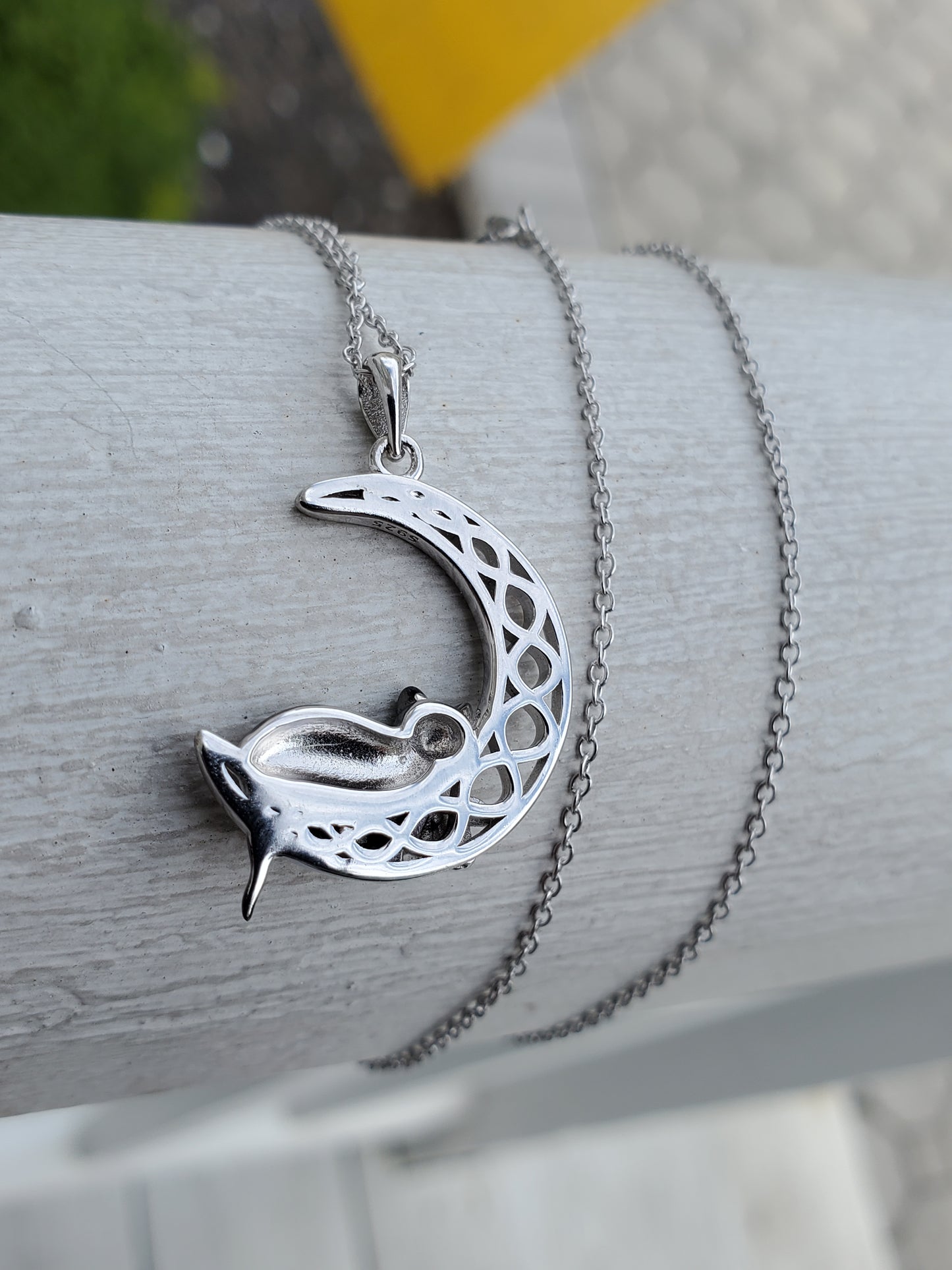 925 Sterling Silver Black Cat on Infinite Crescent Moon Necklace