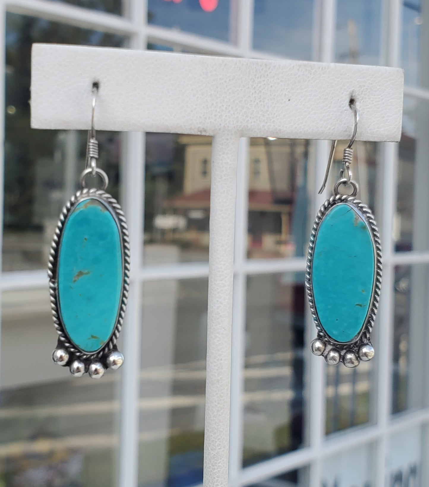 925 Sterling Silver Oblong Dangle Southwest Turquoise Earrings
