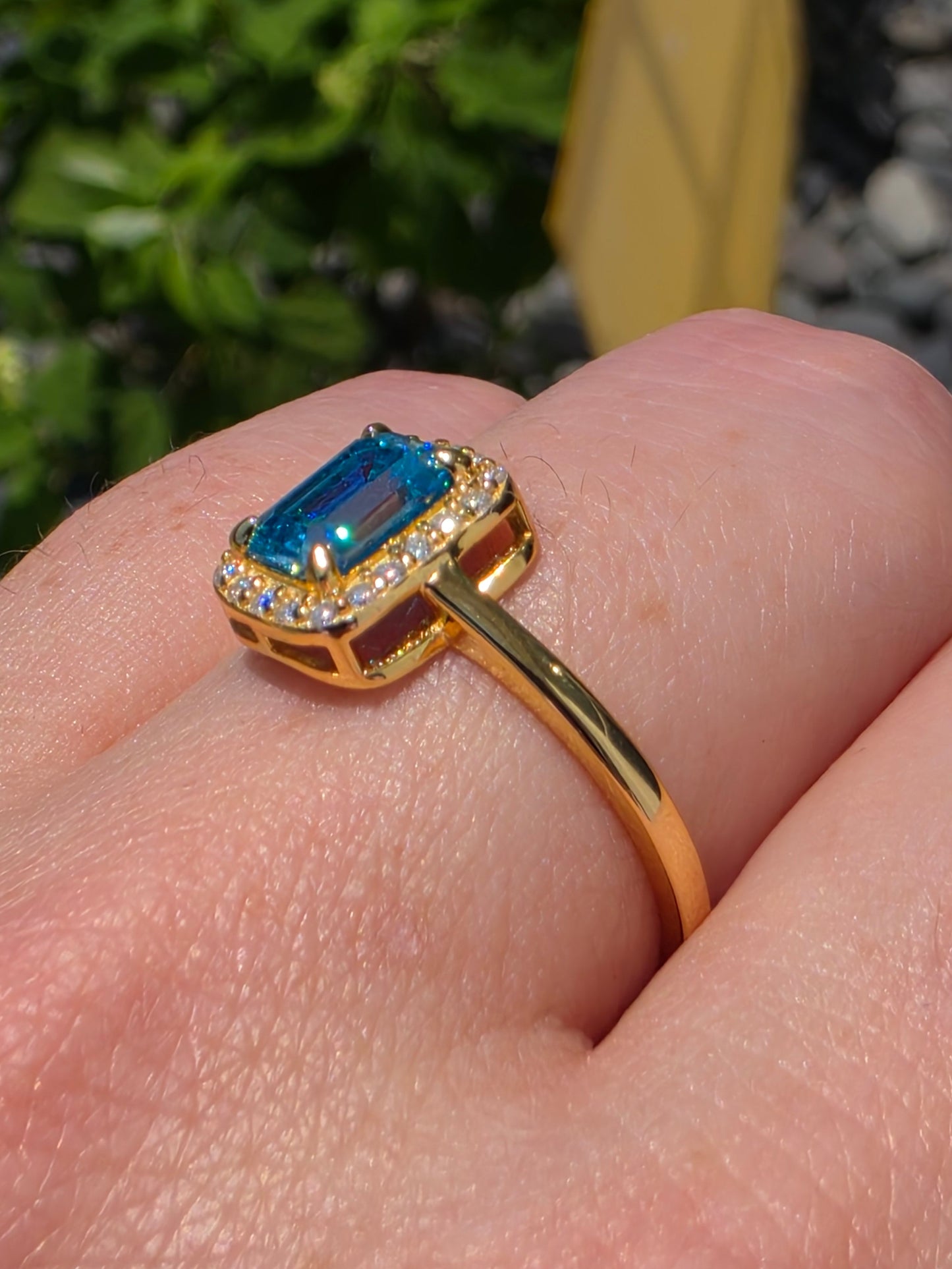 925 Sterling Silver 18k Vermeil Arctic Blue Emerald Cut Moissanite Ring w/Rlear Moissanite Halo