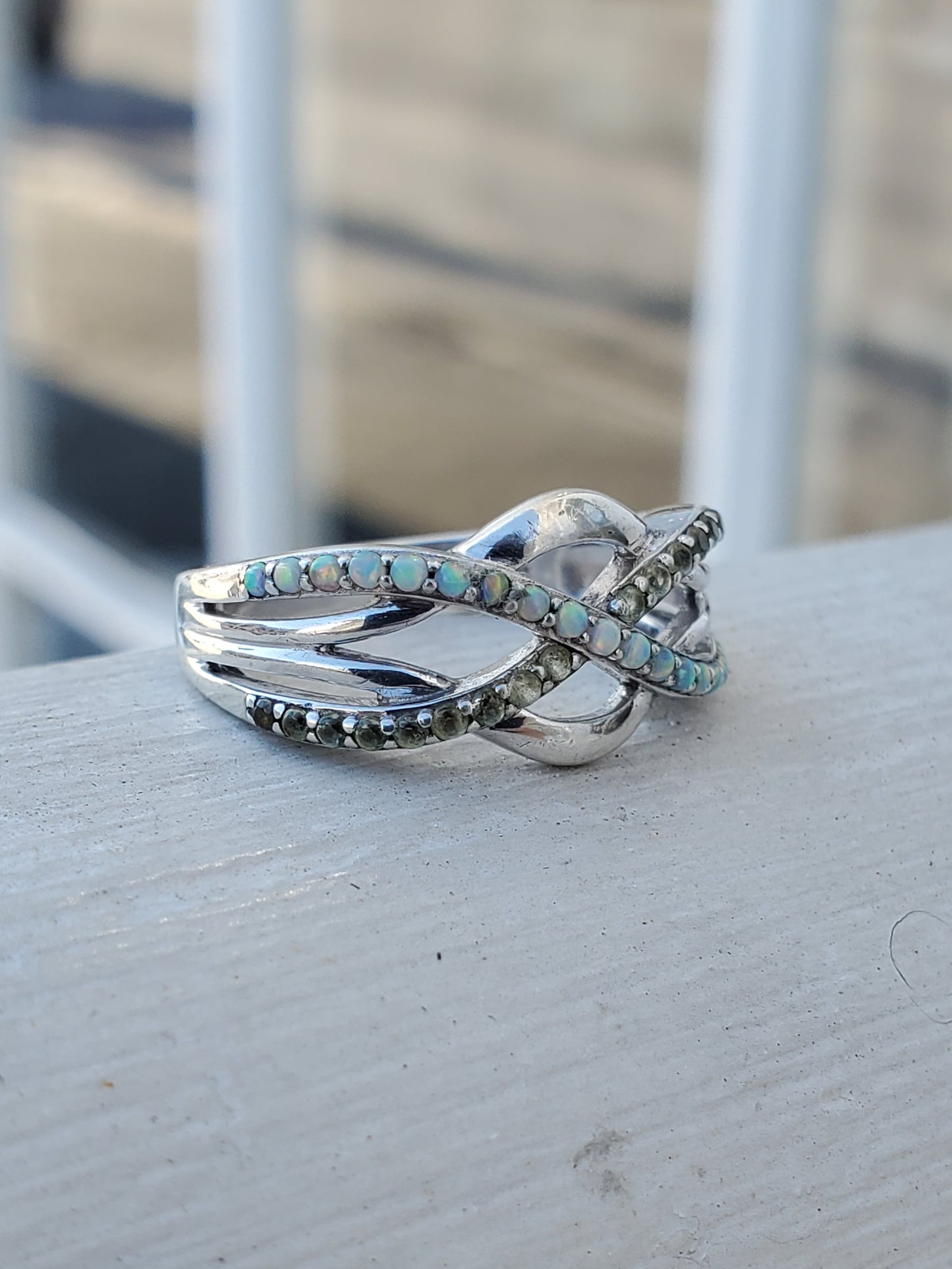 925 Sterling Silver Opal & Peridot Infinite Love Band Ring