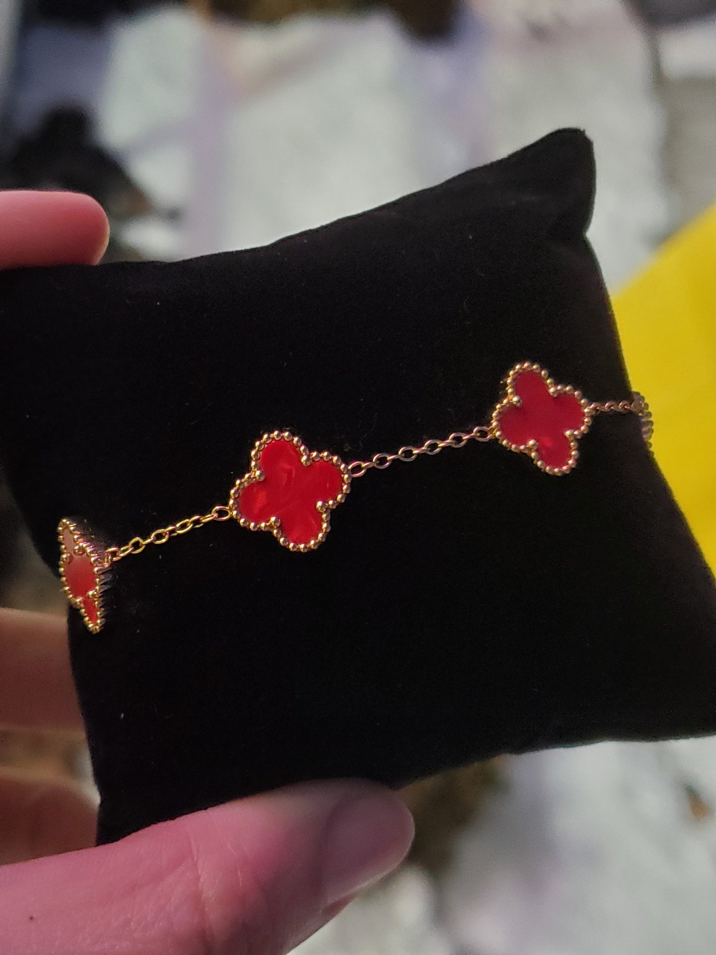 Stainless Steel Gold Vermeil Red Enamel Clover Station Van Cleef Style Bracelet Adjustable 7-9"