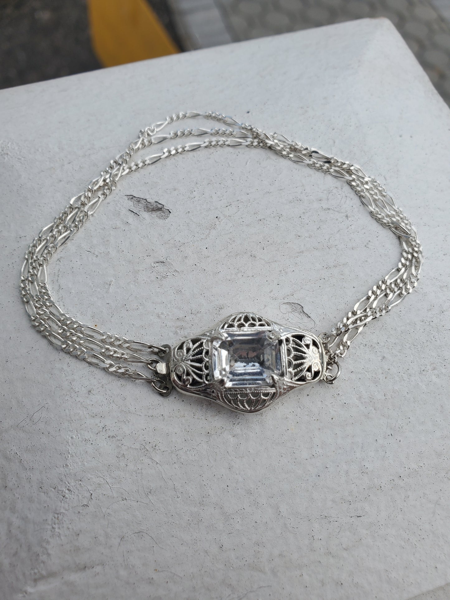925 Sterling Silver Antique Art Deco White Topaz Triple Strand Figaro Link Bracelet