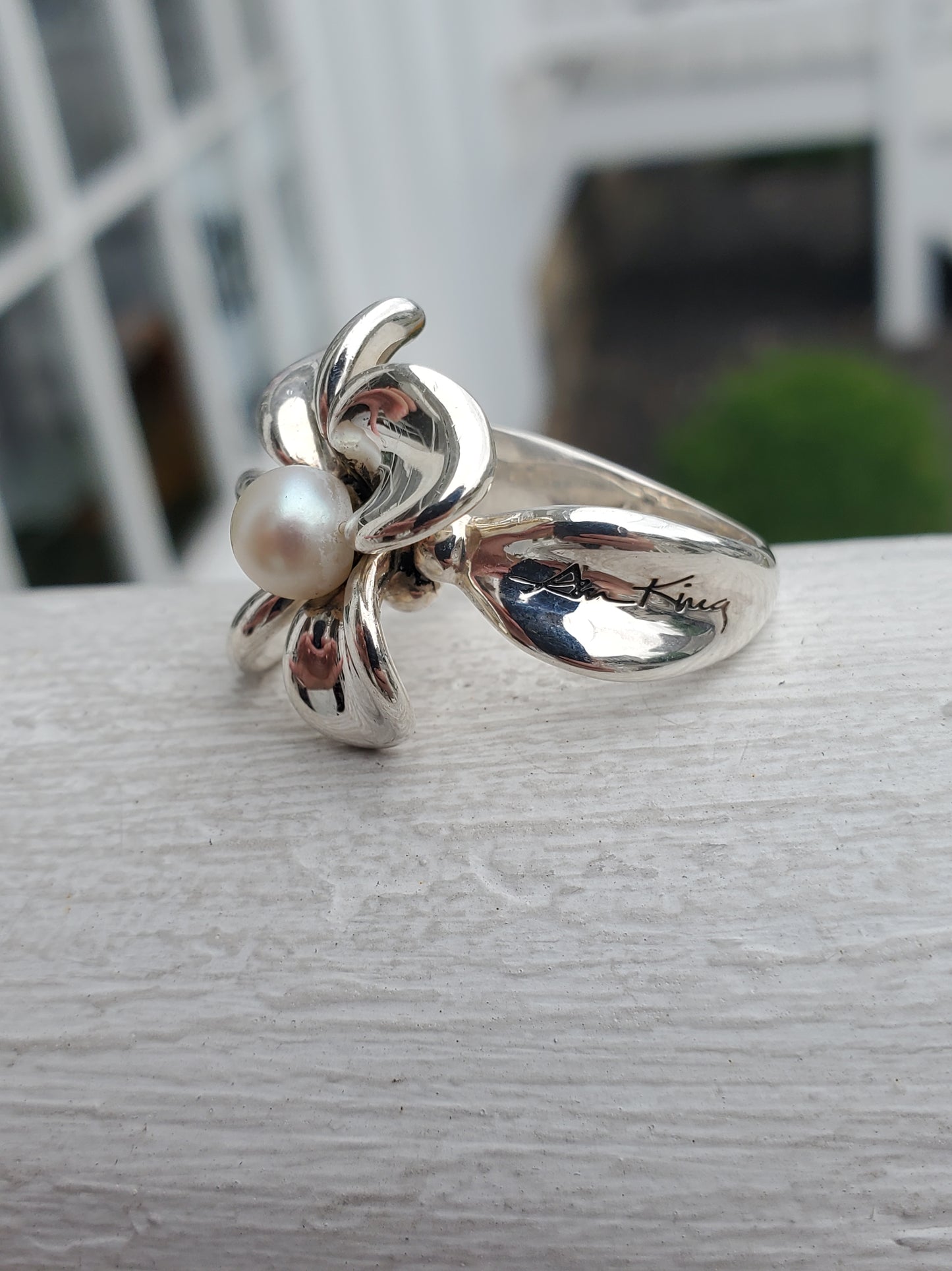 925 Sterling Silver Designer Anna King Pearl Orchid Flower Ring