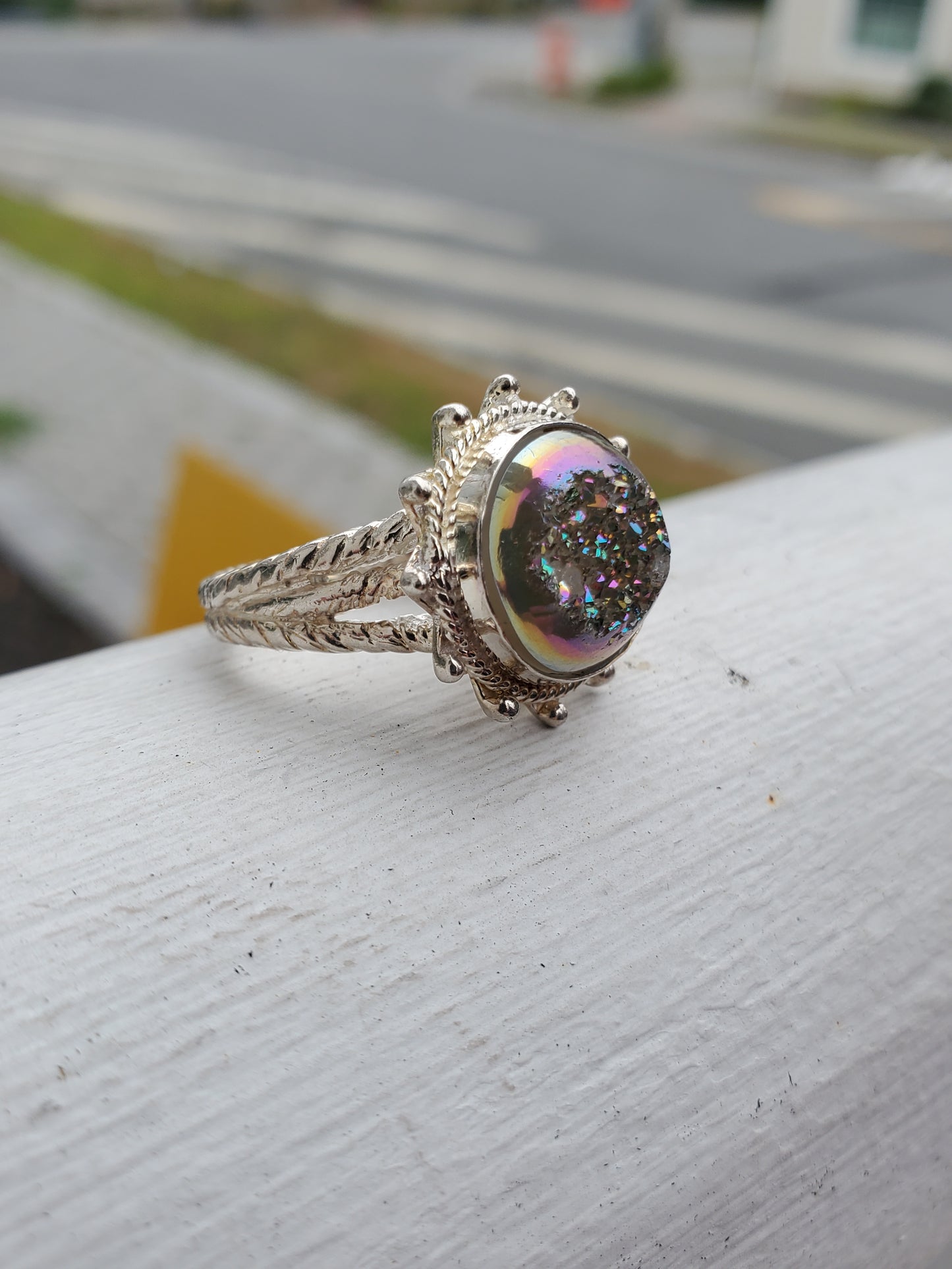 925 Sterling Silver Mystic Druzy Tapered Twisted Cable Ring
