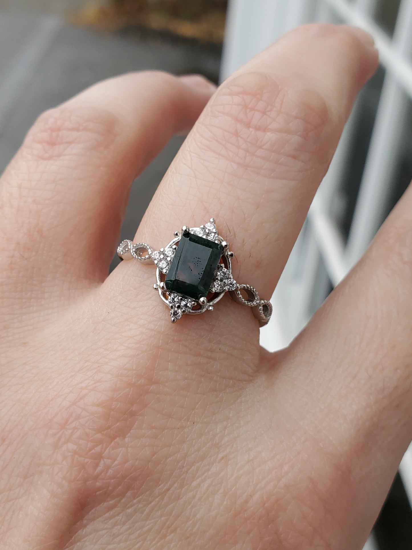 925 Sterling Silver Emerald Cut Mossy Agate Zirconia Ring