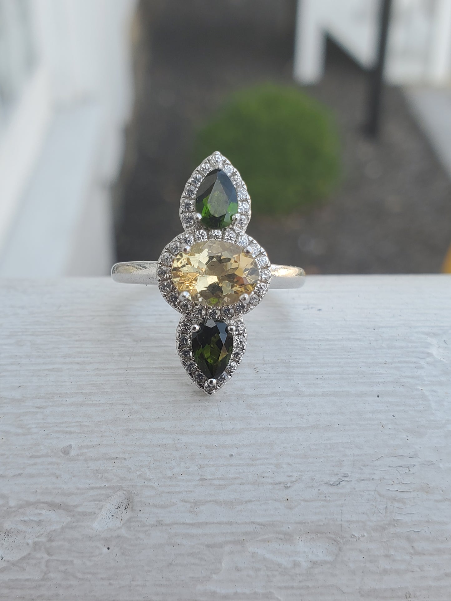 925 Sterling Silver Vertical Chrome Diopside & Citrine Topaz Ring