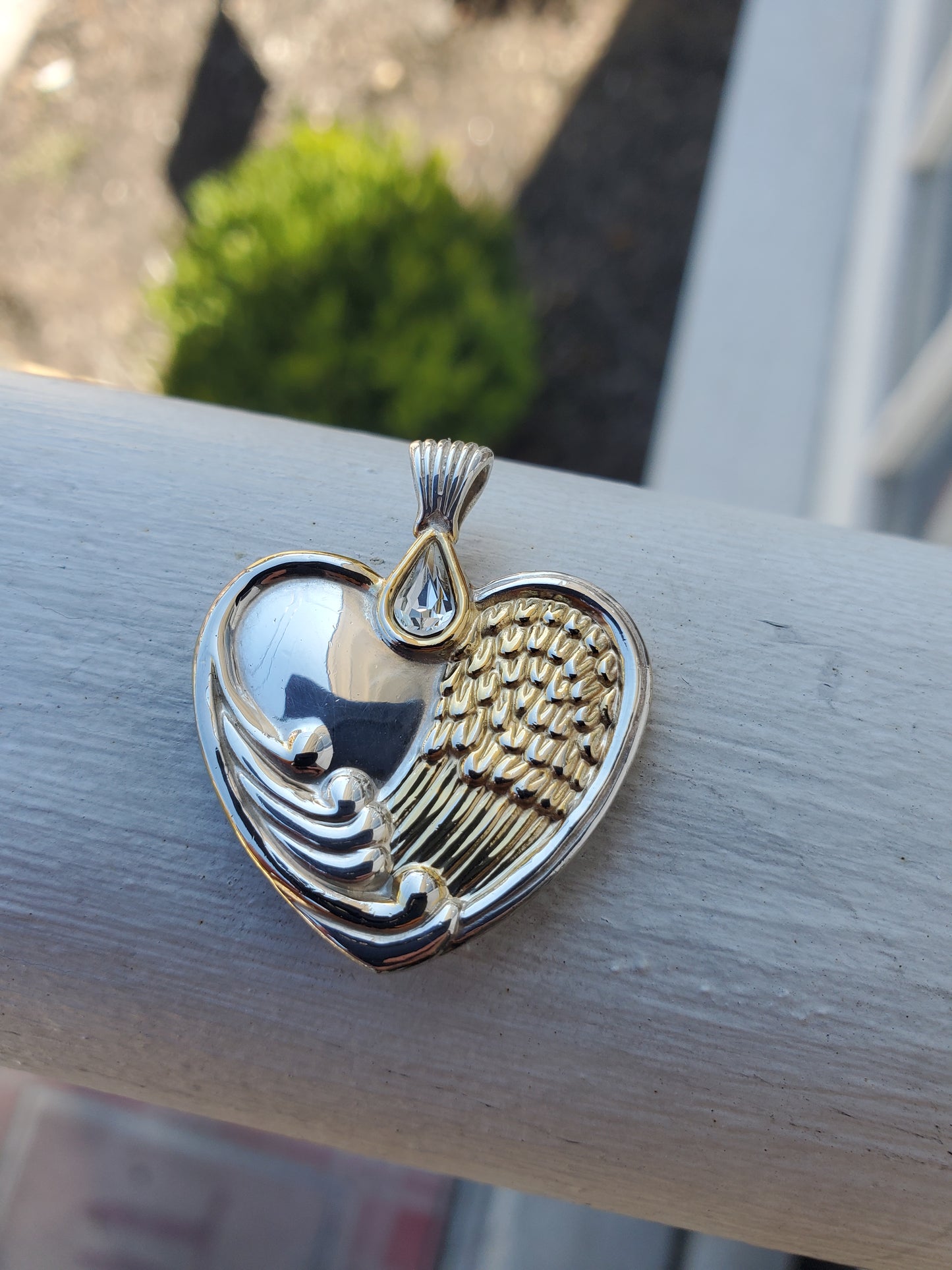 925 Sterling Silver & Vermeil Designer Bradford Exchange Angelic Angel Wing Crystal Heart Pendant