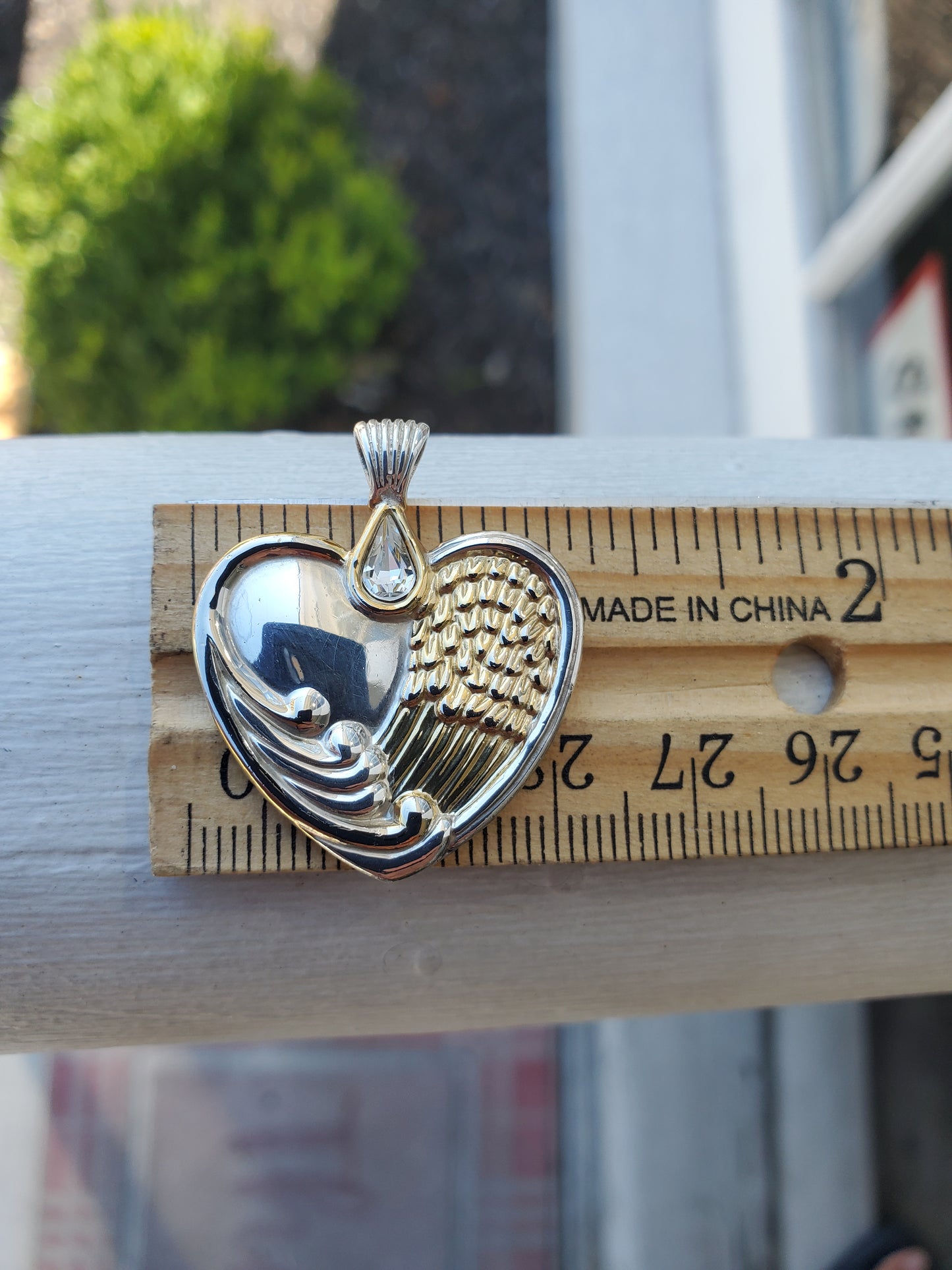 925 Sterling Silver & Vermeil Designer Bradford Exchange Angelic Angel Wing Crystal Heart Pendant